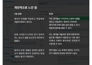 페이지 전체를 작업하고 전달하면
개발에 병목이 생긴다.
전체 사이트가 디자인 되기 전까지
어느 요소가 공통 요소인지 파악하기
힘들다.
페이지 단위 개발은 문제의 범위가
크기 때문에 페이지 전체적인 변경
사항이 생기기 마련이다.
개인적으로 느낀 점
작은 영역별로 디자인하고 함께 이름을
정하고 전달한다. 영역의 디자인은
페이지에 비해 금방 공유 받을 수 있기
때문에 병목을 줄일 수 있다.
어느 영역을 개발하든 문맥 의존적이지
않도록 개발하기 때문에 또 다른 페이
지에서 사용이 필요하면 언제든지
사용 할 수 있다.
영역 별로 나눈 문제의 범위는 크기가
작기 때문에 변경에 대처하기 쉽다.
기존 문제 BEM
 