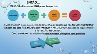 ENTÃO...
PERDOEM a fim de que DEUS possa lhes perdoar.
Misericórdia
Perdão aos
outros
Perdoar
SEMPRE
OBTER
PERDÃO
A MISERICÓRDIA é o complemento da DOÇURA, pois aquele que não for MISERICORDIOSO
também não será Nem MANSO nem PACÍFICO. A MISERICÓRDIA consiste no esquecimento
e no PERDÃO das OFENSAS.
ÓDIO e RANCOR são próprios de uma alma sem elevação e sem grandeza.
 