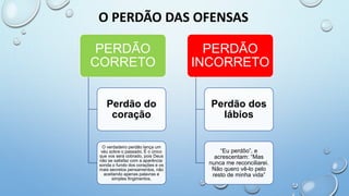 PERDÃO
CORRETO
Perdão do
coração
O verdadeiro perdão lança um
véu sobre o passado. É o único
que vos será cobrado, pois Deus
não se satisfaz com a aparência:
sonda o fundo dos corações e os
mais secretos pensamentos, não
aceitando apenas palavras e
simples fingimentos.
PERDÃO
INCORRETO
Perdão dos
lábios
“Eu perdôo”, e
acrescentam: “Mas
nunca me reconciliarei.
Não quero vê-lo pelo
resto de minha vida”
O PERDÃO DAS OFENSAS
 