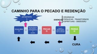 CAMINHO PARA O PECADO E REDENÇÃO
EQUILÍBRI
O
INVIGILÂNCIA,
PALAVRAS e
PENSAMENTO
S
AÇÕES
PECAD
O
TENSÃO –
INSTABILIDADE,
RESSENTIMENTO,
MÁGOA, TRISTEZA,
DOR, DEPRESSÃO
PERDÃ
O
pensamento
s DOENÇAS
ORGÂNICAS
PSÍQUICAS - TRANSTORNOS
ESPIRITUAIS - OBSESSÃO
CURA
 