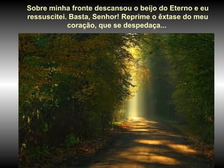 Sobre minha fronte descansou o beijo do Eterno e eu ressuscitei. Basta, Senhor! Reprime o êxtase do meu coração, que se despedaça...  