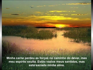 Minha carne perdeu as forças no caminho do dever, mas meu espírito exulta. Estão vazios meus sentidos, mas esta saciada minha alma. 