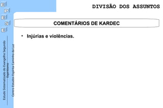 Estudo
Sistematizado
do
Evangelho
Segundo
Espiritismo
Centro
Estudos
Espírita
Caminho
da
Luz
• Injúrias e violências.
COMENTÁRIOS DE KARDEC
COMENTÁRIOS DE KARDEC
DIVISÃO DOS ASSUNTOS
DIVISÃO DOS ASSUNTOS
 