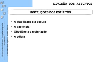 Estudo
Sistematizado
do
Evangelho
Segundo
Espiritismo
Centro
Estudos
Espírita
Caminho
da
Luz
• A afabilidade e a doçura
• A paciência
• Obediência e resignação
• A cólera
INSTRUÇÕES DOS ESPÍRITOS
INSTRUÇÕES DOS ESPÍRITOS
DIVISÃO DOS ASSUNTOS
DIVISÃO DOS ASSUNTOS
 