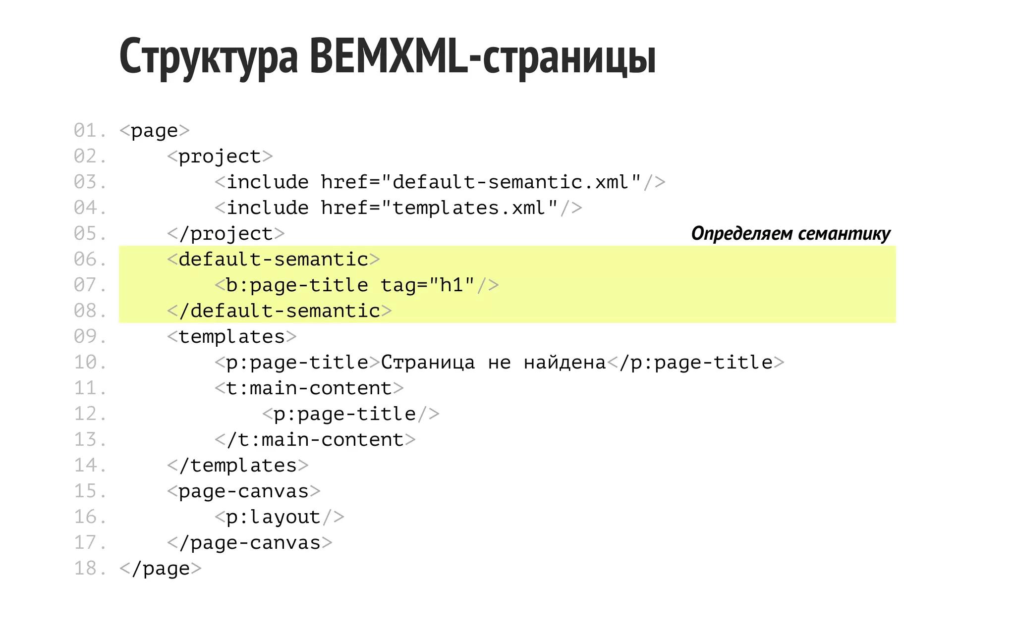 Структура BEMXML-страницы
01. <page>
02.
<project>
03.
<include href="default-semantic.xml"/>
04.
<include href="templates.xml"/>
05.
</project>
Определяем семантику
06.
<default-semantic>
07.
<b:page-title tag="h1"/>
08.
</default-semantic>
09.
<templates>
10.
<p:page-title>Страница не найдена</p:page-title>
11.
<t:main-content>
12.
<p:page-title/>
13.
</t:main-content>
14.
</templates>
15.
<page-canvas>
16.
<p:layout/>
17.
</page-canvas>
18. </page>

 