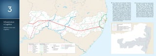 3
Infraestrutura
e Logística
Infrastructure and
Logistics
Com a atração de novos investimentos, importantes
projetos estão sendo concretizados. A Ferrovia
Transnordestina, que vai interligar os principais polos
produtivos do Nordeste, cruzará Pernambuco de
leste a oeste e terá, em Salgueiro, um importante
Polo Logístico para a distribuição de cargas. O Projeto
de Integração do Rio São Francisco, mais conhecido
como Transposição, vai levar recursos hídricos às
regiões nas quais esses ainda são escassos. Além de já
estarem com projetos em análise, dentro do Programa
de Investimento em Logística (PIL), a concessão para a
construçãodoArcoMetropolitano,quevaimelhorara
mobilidade na capital, Recife; a duplicação da BR-232
rumo ao Sertão, e a melhoria no acesso a Suape com
a requalificação da BR-101. Esse conjunto de obras
agilizará a integração de diversos arranjos produtivos,
promovendoaqualidadedevidaeodesenvolvimento
econômico em todo o Estado.
By attracting new investments, important projects
have been conducted. The Transnordestina
Railroad, which is going to connect the major
productive centers in the Northeast, will cross
Pernambuco from east to west, and in Salgueiro,
there will be a major cargo distribution Logistics
Center. The Transposition of the São Francisco
River is going to bring water resources to regions
wheretheyarestilllacking.TheArcoMetropolitano
is going to improve the mobility in the capital,
Recife, and the duplication of BR 104 and BR 408
highways will improve the integration of several
productive arrangements, promoting quality of life
and economic development throughout the State.
EnPt
Rodovias Federais / Federal highways
Duplicadas
Em Duplicação
Pavimentada
Em Pavimentação
Implantada
Em Leito Natural
Planejadas
Rodovias Estaduais / State highways
Duplicadas
Em Duplicação
Pavimentada
Em Pavimentação
Implantada
Em Leito Natural
Planejadas
Ferrovias
Ferrovias Planejadas
Portos
Aeroporto Intern.
Aeroporto Nac.
Ferrovia Transnordestina
Transnordestina (projetos futuros)
Transposição
Arco viário
Duplicated
Being duplicated
Paved
Being paved
Implemented
In natural bed
Planned
Duplicated
Being duplicated
Paved
Being paved
Implemented
In natural bed
Planned
Railways
Designed Railways
Ports
International Airport
National Airport
Transnordestina Railway
Transnordestina (further projects)
Transposition
Road arc
Gasoduto Nordestão
Gasalp
Gasoduto Copergás em operação (aço)
Gasoduto Copergás construído (não operando)
Gasoduto Copergás em operação (pead)
Gasoduto projetado
Nordestão Gas Pipeline
Gasalp
Copergás Gas Pipeline operating (steel)
Copergás Gas Pipeline built (not operating)
Copergás Gas Pipeline operating(pead)
Designed Gas Pipeline
Rodovias Federais / Federal highways
Duplicadas
Em Duplicação
Pavimentada
Em Pavimentação
Implantada
Em Leito Natural
Planejadas
Rodovias Estaduais / State highways
Duplicadas
Em Duplicação
Pavimentada
Em Pavimentação
Implantada
Em Leito Natural
Planejadas
Ferrovias
Ferrovias Planejadas
Portos
Aeroporto Intern.
Aeroporto Nac.
Ferrovia Transnordestina
Transnordestina (projetos
Transposição
Arco viário
Duplicated
Being duplicated
Paved
Being paved
Implemented
In natural bed
Planned
Duplicated
Being duplicated
Paved
Being paved
Implemented
In natural bed
Planned
Railways
Designed Railways
Ports
International Airport
National Airport
Transnordestina Railway
Transnordestina (further projects
Transposition
Road arc
Gasoduto Nordestão
Gasalp
Gasoduto Copergás em operação (aço)
Gasoduto Copergás construído (não operando)
Gasoduto Copergás em operação (pead)
Gasoduto projetado
Nordestão Gas Pipeline
Gasalp
Copergás Gas Pipeline operating (steel)
Copergás Gas Pipeline built (not operating)
Copergás Gas Pipeline operating(pead)
Designed Gas Pipeline
8 9
 