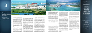 Norte/Nordeste e o quinto maior do Brasil.
Em análise realizada pela COPPEAD/UFRJ, em
2007, o Porto de Suape foi considerado o melhor
porto público do País, e um estudo da Agência
Nacional de Transportes Aquaviários (Antaq)
classificou o porto como a segunda Melhor Ges-
tão Ambiental entre os portos brasileiros. Em
2010, o Instituto de Logística e Supply Chain (Ilos)
apontou Suape como o 3º melhor porto brasilei-
ro, atrás, apenas, dos portos de São Francisco do
Sul (SC) e Itaguaí (RJ), em pesquisa realizada com
mais de 300 empresários.
Suape dispõe de uma infraestrutura terrestre
própria, em permanente desenvolvimento e mo-
dernização, com ferrovias e rodovias. Além disso,
ainda conta com fornecimento de gás natural,
energia elétrica, água bruta e água tratada. O
Complexo oferece condições ideais para a ins-
talação de empreendimentos nos mais diversos
segmentos.
Já conta com cerca de 200 empresas em territó-
rio e área de influência. Os investimentos priva-
dos atingem R$ 50 bilhões e, entre 2011 e 2014, o
poder público estadual aportou R$ 2,2 bilhões em
infraestrutura.
As empresas do Complexo Industrial Portuário
de Suape constituem 10 polos industriais de de-
senvolvimento, com destaque para o Polo Pe-
troquímico, capitaneado pela Refinaria Abreu e
Lima, PetroquímicaSuape e Mossi & Ghisolfi. O
Polo Siderúrgico e Metalmecânico, o Polo Naval
e Offshore, formado pelo Estaleiro Atlântico Sul e
Vard Promar. E o Polo de Equipamentos para Ge-
ração de Energias Renováveis (ver itens 4.1 a 4.5).
O Complexo de Suape estrutura um crescimen-
to em bases sólidas e com vistas ao futuro para
essas e as próximas gerações. Adota, desde a sua
criação (ainda na década de 70), uma política pre-
ventiva, construtiva e de compensação ambiental.
Dos seus 13,5 mil hectares, 59% são destinados à
preservação do meio ambiente. Nos últimos anos,
a preocupação em manter esse percentual só
aumentou. O fórum Suape Sustentável realiza o
plantio de mudas nativas da Mata Atlântica, o re-
Locomotiva do desenvolvimento de Pernam-
buco, o Complexo Industrial Portuário de Su-
ape é considerado um dos principais polos de
investimentos do País. Situado na Região Me-
tropolitana do Recife, possui área de 13.500
hectares, distribuída em zonas Portuária, In-
dustrial, Administrativa e Serviços, de Preser-
vação Ecológica e de Preservação Cultural.
O porto apresenta estrutura moderna, com
profundidadesdeaté20megrandepotencial
de expansão. A sua localização estratégica em
relação às principais rotas marítimas de na-
vegação o mantém conectado a mais de 160
portos em todos os continentes, com linhas
diretas para a Europa, América do Norte e
África.
A movimentação portuária cresce em ritmo
acelerado e consolida Suape como um porto
concentrador e distribuidor de cargas. Em
2014, atingimos o recorde de 15,2 milhões de
toneladas. E, para 2015, a expectativa é atingir
20 milhões de toneladas. Suape já é o prin-
cipal porto em movimentação de cargas do
Pt
4
Complexo
Industrial Portuário
de Suape
Industrial Port
Complex of Suape
themajormaritimeshippingroutes,thuskeepingit
connected to over 160 ports in all continents, with
direct lines to Europe, North America and Africa.
The port handling grows at a rapid pace and con-
solidates Suape as a port for concentrating and
distributing cargo. In 2012, the cargo handling ex-
ceeded 11 million tons and the container handling
was greater than 400 ton TEUs.
In a survey conducted by COPPEAD/UFRJ in
2007, the Port of Suape was considered the coun-
try’s best public port, and according to a survey by
Antaq (the Brazilian Agency for Waterway Trans-
portation) the port was classified as the second
Best Environmental Management among Brazilian
ports. In 2010, Ilos (the Logistics and Supply Insti-
tute) pointed Suape as the 3rd best Brazilian Port,
following the Ports of São Francisco do Sul (Santa
Catarina) and Itaguai (Rio de Janeiro), in a survey
conducted with more than 300 entrepreneurs.
Suape has its own land infrastructure, which is in
constant development and modernization, featur-
ing railways and highways. In addition, it is also
supplied by natural gas, electric power, raw water
and treated water. The Complex offers suitable
conditions for ventures in various segments.
There are already over 100 operating companies,
which are responsible for over 25 thousand direct
jobs. Another 60 companies are under implemen-
tation and are going to generate 23 thousand new
direct jobs, in addition to over 70 thousand jobs in
construction. Total investments already exceed 26
billion dollars.
florestamentodeáreasdegradadas,recolhee
trataosresíduossólidospormeiodeumCen-
tro de Triagem instalado na zona portuária.
Para promover a consciência ecológica dos
moradores das comunidades próximas e dos
colaboradores das empresas do Complexo,
Suape criou o Programa de Educação Am-
biental (PEA), nos moldes do Programa Am-
biental das Nações Unidas. O PEA relaciona
desenvolvimento econômico, conservação
ambiental e recuperação dos recursos natu-
rais. Junto a isso, a construção de um Centro
de Tecnologia Ambiental (CTA), em parceria
com a Petrobras, integrará as atividades de
proteção ambiental às atividades socioeco-
nômicas e educacionais em desenvolvimento.
Driving development in Pernambuco, the Industri-
al Port Complex of Suape is regarded as one of
the country’s major development centers. Located
in the Metropolitan Area of Recife, it has an area
of13,500hectares,distributedintothePort,Indus-
trial, Administrative and Services, Ecological Pres-
ervation and Cultural Preservation areas.
The Port features a modern structure, with depths
ranging from 15.5 and 20.0 m, and great potential
for expansion. It is strategically located regarding
ThecompaniesinthePortIndustrialComplexofSuape
comprise development centers, such as Refinery Abreu
and Lima, the Petrochemical Center, the Steelmaking
and Mechanical Metal Center, the Naval and Offshore
Center and the Renewable Energy Generation Equip-
ment Center (refer to items 4.1 - 4.5).
TheComplexofSuapestructuresgrowthonsolidfoun-
dations and with a view to the future for this and next
generations. It adopts, since its establishment (in the
70s), preventive, constructive and environmental com-
pensation policies. Out of its 13.5 thousand hectares,
59% are for environmental preservation.
In recent years, the concern to maintain this percent-
age has only increased. The Sustainable Suape forum
plants native seedlings from the Brazilian Atlantic For-
est, in addition to perform the reforestation of degrad-
ed areas, it collects and treats solid waste through a
Screening Center located in the port area.
In order to promote the ecological awareness of
residents of nearby communities and employees of
companies in the Complex, Suape has created the
PEA (Environmental Education Program), which is
modeled based on the United Nations Environment
Program. The PEA comprises economic development,
environmental conservation and recovery of natural
resources. Additionally, the construction of a CTA (En-
vironmental Technology Center), in partnership with
Petrobras, will integrate the environmental protection
activities to socioeconomic and educational activities
being developed.
Área do complexo
13,5 mil hectares
Profundidade das águas
15,5m/20m
Movimentação de cargas
+ de 15,2 milhões
de toneladas
Movimentação de contêineres
+ de 418 mil TEUs
em seu território e área de
influência
+ de 200 empresas
Complex area
13.5 thousand hectares
Water depth
15.5m/20m
Cargo handling
+ 15,2 million tons
Container handling
+ 418 thousand TEUs
Operating
+ 200 businesses
En
Pt
En
10 11
 