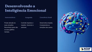 Desenvolvendo a
Inteligência Emocional
Autoconsciência
Preste atenção às
suas emoções.
Reconheça quais são
os seus gatilhos
mentais.
Autogestão
Controle impulsos e
reações. Gerencie o
estresse.
Consciência Social
Desenvolva empatia.
Compreenda as
emoções dos outros.
 