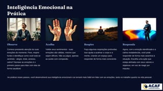 Inteligência Emocional na
Prática
Observe
Comece prestando atenção às suas
emoções do momento. Pare, respire
fundo e identifique como você está se
sentindo - alegre, triste, ansioso,
calmo? Nomear as emoções é o
primeiro passo para lidar com elas de
forma saudável.
Acolha
Valide seus sentimentos - suas
emoções são válidas, mesmo que
sejam difíceis. Não as julgue, apenas
as aceite com compaixão.
Respire
Faça algumas respirações profundas.
Isso ajuda a acalmar o corpo e a
mente, criando um espaço para
responder de forma mais consciente.
Responda
Agora, com a emoção identificada e a
calma restabelecida, você pode
responder de forma mais assertiva à
situação. Escolha uma ação que
esteja alinhada com seus valores e
objetivos, em vez de reagir por
impulso.
Ao praticar esses passos, você desenvolverá sua inteligência emocional e se tornará mais hábil em lidar com as emoções, tanto no trabalho quanto na vida pessoal.
 
