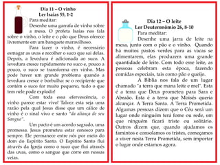 Dia 11 – O vinho
Ler Isaías 55, 1-2
Para meditar:
Desenhe uma garrafa de vinho sobre
a mesa. O profeta Isaías nos fala
sobre o vinho, o leite e o pão que Deus oferece
livremente em um banquete maravilhoso.
Para fazer o vinho, é necessário
esmagar as uvas e recolher o suco que sai delas.
Depois, a levedura é adicionada ao suco. A
levedura cresce rapidamente no suco e, pouco a
pouco, o suco se transforma em vinho. Mas
pode haver um grande problema quando a
levedura cresce e borbulha: se o recipiente que
contém o suco for muito pequeno, tudo o que
tem nele pode explodir!
Com toda essa efervescência, o
vinho parece estar vivo! Talvez esta seja uma
razão pela qual Jesus disse que um cálice de
vinho é o sinal vivo e santo “da aliança de seu
Sangue”.
Um pacto é um acordo sagrado, uma
promessa. Jesus prometeu estar conosco para
sempre. Ele permanece entre nós por meio do
dom do Espírito Santo. O Espírito Santo flui
através da Igreja como o suco que flui através
das uvas, como o sangue que corre em nossas
veias.
Dia 12 – O leite
Ler Deuteronômio 26, 8-10
Para meditar:
Desenhe uma jarra de leite na
mesa, junto com o pão e o vinho. Quando
há muitos pastos verdes para as vacas se
alimentarem, elas produzem uma grande
quantidade de leite. Com todo esse leite, as
pessoas celebram esta época, fazendo
comidas especiais, tais como pão e queijo.
A Bíblia nos fala de um lugar
chamado "a terra que mana leite e mel". Esta
é a terra que Deus prometeu para Sara e
Abraão. Esta é a terra que Moisés queria
alcançar. A Terra Santa. A Terra Prometida.
Algumas pessoas dizem que o Céu será um
lugar onde ninguém terá fome ou sede, em
que ninguém ficará triste ou solitário.
Outros dizem que, quando ajudamos os
famintos e consolamos os tristes, começamos
a viver nesta Terra Prometida, sem importar
o lugar onde estamos agora.
 