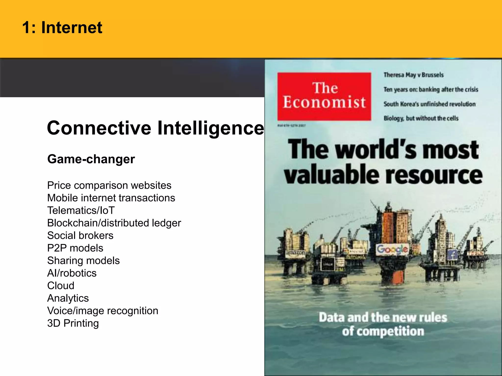 1: Internet
Game-changer
Price comparison websites
Mobile internet transactions
Telematics/IoT
Blockchain/distributed ledger
Social brokers
P2P models
Sharing models
AI/robotics
Cloud
Analytics
Voice/image recognition
3D Printing
Industry
Media
Telecom
Consumer financial services
Retail
Technology
Insurance
Consumer products
Nonprofit
Professional services
Education
Healthcare
Industrial
Automotive
Public services
Connective Intelligence
 