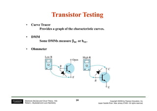 Transistor Testing
Transistor Testing
•
• Curve Tracer
Curve Tracer
Provides a graph of the characteristic curves.
•
• DMM
DMM
Some DMMs measure β
β
β
βDC or hFE.
•
• Ohmmeter
Ohmmeter
Copyright ©2009 by Pearson Education, Inc.
Upper Saddle River, New Jersey 07458 • All rights reserved.
Electronic Devices and Circuit Theory, 10/e
Robert L. Boylestad and Louis Nashelsky
24
24
 