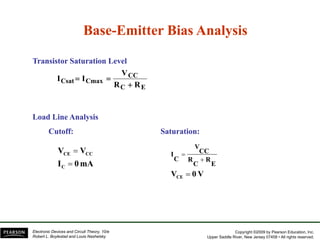 Base
Base-
-Emitter Bias Analysis
Emitter Bias Analysis
Base
Base Emitter Bias Analysis
Emitter Bias Analysis
Transistor Saturation Level
Transistor Saturation Level
Transistor Saturation Level
Transistor Saturation Level
E
C
CC
Cmax
Csat
R
R
V
I
I
+
=
=
Load Line Analysis
Load Line Analysis
Cutoff:
Cutoff: Saturation:
Saturation:
V
V CC
CE = CC
V
I
mA
0
I
V
V
C
CC
CE
=
V
0
VCE
E
R
C
R
C
I
=
+
=
Copyright ©2009 by Pearson Education, Inc.
Upper Saddle River, New Jersey 07458 • All rights reserved.
Electronic Devices and Circuit Theory, 10/e
Robert L. Boylestad and Louis Nashelsky
 