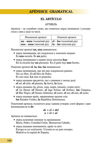 APÉNDICE GRAMATICAL
186
EL ARTÍCULO
АРТИКЛЬ
Артикль – це службове слово, що ставиться перед іменником і узгоджу­
ється з ним у роді та числі.
Неозначені артиклі Oзначені артиклі
un – unos (чоловічий рід)
una – unas (жіночий рід)
el – los (чоловічий рід)
la – las (жіночий рід)
Неозначені артиклі un, una вживаються:
•	перед іменниками, які згадуються у мовленні вперше:
Es una escuela. Es un patio;
•	перед іменниками в однинi після дієслова hay:
En la escuela hay un gimnasio. En el patio hay una fuente.
Означені артиклі el, la, los, las вживаються:
•	перед іменниками, про які вже згадувалося раніше:
Veo un libro. Es el libro de Pedro.
Es una casa. La casa es pequeña;
•	перед назвами предметів, що є єдиними у своєму роді:
el sol, el cielo, el planeta, la tierra, la luna;
•	перед назвами гір, річок, озер, морів, океанів, сторін світу:
el río Desná (el Desná), el lago Svítiaz (el Svítiaz), los Cárpatos,
el Мar Negro, el Оcéano Atlántico; el norte, el sur, el este, el oeste;
•	перед назвами країн, вираженими групою слів:
los Estados Unidos, la República Dominicana.
Означений артикль чоловічого роду однини утворює злиті форми з при­
йменниками a та de:
de + el = del
a + el = al
Артикль не вживається:
•	перед власними іменами та прізвищами:
María, Pedro, Cristóbal Colón, Montserrat Caballe;
•	перед назвами континентів, країн та міст:
Europa es un continente. Ucrania es un país europeo.
Madrid es la capital de España;
 