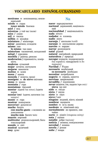 VOCABULARIO ESPAÑOL-UCRANIANO
217
mexicano m мексиканець; мекси­
канський
miedo m страх 
tener miedo  боятися
miel f мед
mientras  у той час (коли)
mies f злаки
mil m тисяча
millón m мільйон
miniatura f мініатюра
mirar дивитися; оглядати
mismo  сам
lo mismo так само
misterioso  таємничий; загадковий
mitad f середина
mochila f ранець; рюкзак
moderaсion f стриманість; помір­
ність
moderno сучасний
mojar  мочити; змочувати
mojarse  намокати
molino m млин
mona f мавпа
moneda f монета; гроші
monigote m de nieve сніговик
mono m мавпа
montaña f гора
montañoso гірський
montar  сідати (на коня); їздити
верхи
montar (en) їздити; кататися (на
чомусь)
monte m гора
mostrar показувати
mover(se)  рухати(ся)
mucho  багато  
con mucho gusto  з великим за­­
доволенням
mucho más багато чого
muerto  мертвий
multicolor різнокольоровий; бага­
токольоровий
mundo m світ
musical музичний
muy дуже
Nn
nacer  народжуватися
nacional державний; національ­
ний
nacionalidad f національність
nada  нічого
nadador m пловець
nadie  ніхто
naranja f апельсин (плід)
naranjo m апельсинове дерево
narciso m нарцис
narrar розповідати
natal рідний
natural  звичайний; природний
naturaleza f природа
navegar плавати; подорожувати
(на кораблі); мандрувати (в Ін­­
тернеті)
Navidad f  Різдво
necesario  необхідний 
es necesario  необхідно
necesitar  потребувати
negocio m справа, заняття
nervioso  знервований
nevadilla f підсніжник
nevar сніжити; іти, падати (про сніг)
nieva  іде сніг
nido m гніздо
nieta  f  онука
nieto  m  онук
nieve f сніг
ninguno  жодний, ніхто; ніякий
nombrar називати
nombre m ім’я; назва
nordeste m північний схід
normalmente як правило, зви­
чайно
norte m північ (сторона світу)
nota f оцінка
notable  добре (оцінка)
noticia f новина; повідомлення
novedad f новина
novela f роман
nube f хмара
 