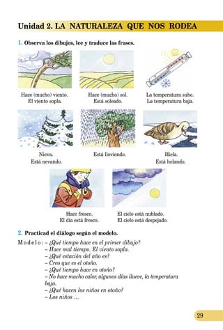 29
Unidad 2. LA  NATURALEZA  QUE  NOS  RODEA
1. Observa los dibujos, lee y traduce las frases.
Hace (mucho) viento. Hace (mucho) sol. La temperatura sube.
El viento sopla. Está soleado. La temperatura baja.
Nieva. Está lloviendo. Hiela.
Está nevando. Está helando.
Hace fresco. El cielo está nublado.
El día está fresco. El cielo está despejado.
2.	Practicad el diálogo según el modelo.
M o d e l o :	– ¿Qué tiempo hace en el primer dibujo?
	 – Hace mal tiempo. El viento sopla.
	– ¿Qué estación del año es?
	 – Creo que es el otoño.
	– ¿Qué tiempo hace en otoño?
	 – No hace mucho calor, algunos días llueve, la temperatura
	baja.
	– ¿Qué hacen los niños en otoño?
	 – Los niños …
 
