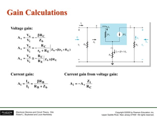 Copyright ©2009 by Pearson Education, Inc.
Upper Saddle River, New Jersey 07458 • All rights reserved.
Electronic Devices and Circuit Theory, 10/e
Robert L. Boylestad and Louis Nashelsky
Gain Calculations
Current gain from voltage gain:
Voltage gain:
Current gain:
E
b
E
e
b
R
Z
E
C
i
o
v
)
R
(r
Z
E
e
C
i
o
v
b
C
i
o
v
R
R
V
V
A
R
r
R
V
V
A
Z
R
V
V
A
















b
B
B
i
o
i
Z
R
R
I
I
A




C
i
v
i
R
Z
A
A 

 