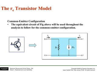Copyright ©2009 by Pearson Education, Inc.
Upper Saddle River, New Jersey 07458 • All rights reserved.
Electronic Devices and Circuit Theory, 10/e
Robert L. Boylestad and Louis Nashelsky
The re Transistor Model
Common-Emitter Configuration
• The equivalent circuit of Fig above will be used throughout the
analysis to follow for the common-emitter configuration.
 