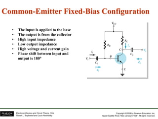 Copyright ©2009 by Pearson Education, Inc.
Upper Saddle River, New Jersey 07458 • All rights reserved.
Electronic Devices and Circuit Theory, 10/e
Robert L. Boylestad and Louis Nashelsky
Common-Emitter Fixed-Bias Configuration
• The input is applied to the base
• The output is from the collector
• High input impedance
• Low output impedance
• High voltage and current gain
• Phase shift between input and
output is 180
 