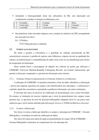 Manual de procedimentos para o tratamento técnico do fundo documental



       • Atendendo à heterogeneidade etária dos utilizadores da BE, será adicionado um
          complemento cromático à notação escolhida para cota:
           0    Castanho               3   Laranja                        7    Rosa
           1    Azul-claro             5   Verde                          8    Amarelo
           2    vermelho               6   Azul-escuro                    9    branco


       • Nas prateleiras serão colocadas etiquetas com a notação da subclasse da CDU acompanhada
          por uma palavras-chave:
          Ex.: 32 Política
               37.017 Educação para a cidadania

3.7.       CODIFICAÇÃO DOS DADOS
         De modo a garantir a consistência e a qualidade do catálogo automatizado da BE,
características essenciais à partilha de registos entre bibliotecas, importa investir na qualidade dos
registos, na uniformização e compatibilização de dados, bem como na sua identificação para efeitos
de recuperação da informação.
         Neste sentido houve a preocupação de adquirir um software de gestão que utilizasse o
UNIMARC (Universal Machine-Readable Cataloguing Record), um formato internacional, que
permite a leitura por computador e a permuta de informação entre sistemas.

3.7.1.     UNIMARC–FORMATO BIBLIOGRÁFICO E UNIMARC–FORMATO AUTORIDADES
         A utilização do UNIMARC vai permitir normalizar a base de dados, identificar a informação
– através das etiquetas específicas de campos e dos identificadores dos subcampos – e uniformizar o
conteúdo, dando-lhe consistência e permitindo a partilha de informação com outras instituições.
         É relevante dar início ao processo de codificação da documentação com a maior brevidade.
No entanto, as limitações de recursos impõem que o nível de preenchimento dos campos, numa
primeira fase, se aproxime do nível de descrição bibliográfico adoptado (nível 2), um pouco mais
ambicioso que o nível mínimo definido pela Informação Técnica n.º2/2006 da Biblioteca Nacional.

3.7.2.     CAMPOS A PREENCHER
         Em Anexo A consta a tabela que identifica os campos e subcampos do UNIMARC – Formato
bibliográfico, a considerar na tarefa da codificação de dados.
         Em Anexo B consta uma tabela de ajuda ao preenchimento do campo 100 do UNIMARC –
Formato bibliográfico (elementos de comprimento fixo do subcampo $a).



                                                                                                    9
 