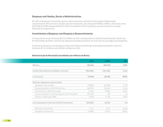 Despesas com Vendas, Gerais e Administrativas

     Em 2011 as despesas com vendas, gerais e administrativas, excluindo amortização e depreciação,
     representaram 30% da receita líquida total da Companhia, pois atingiram R$ 88,5 milhões, montante acima
     dos R$ 85,8 milhões despendidos em 2010, principalmente em função dos ajustes e da reestruturação
     efetuada ao longo do ano.

     Investimento e Despesas com Pesquisa e Desenvolvimento

     O investimento anual totalizou R$ 17,3 milhões em 2011, correspondente a 5,9% da receita líquida, inferior aos
     R$ 19,8 milhões de 2010 e com 6,1% de representatividade da receita, em linha com as estratégias da Companhia.

     O montante de gastos com pesquisa e desenvolvimento reconhecido como despesa durante o exercício
     totalizou R$ 7,0 milhões contra R$ 8,2 milhões em 2010.


     Demonstração de Resultado Consolidado (em milhares de Reais)

                                                                       2011              2010*                Var.

     Receita                                                        295.032            326.420               -9,6%


     Custos dos produtos vendidos e serviços                      (184.983)          (191.236)               -3,3%


     Lucro bruto                                                    110.049            135.184              -18,6%


     Receitas (despesas) operacionais
        Despesas com vendas                                         (50.869)           (45.368)              12,1%
        Despesas gerais e administrativas                           (46.800)           (55.314)             -15,4%
        Honorários na Administração                                  (7.324)            (4.894)              49,7%
        Outras despesas (receitas) operacionais líquidas            (87.620)               295                 n.d
        Receita subvenção ICMS                                        16.908             15.261              10,8%


     Lucro (prejuízo) antes dos efeitos financeiros                (65.656)             45.164                 n.d


        Receitas financeiras                                          12.171              8.517              42,9%
        Despesas financeiras                                        (12.938)            (7.675)              68,6%




22
 