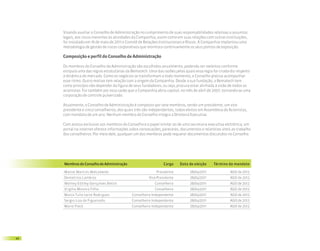 Visando auxiliar o Conselho de Administração no cumprimento de suas responsabilidades relativas a assuntos
     legais, aos riscos inerentes às atividades da Companhia, assim como em suas relações com outras instituições,
     foi instalado em 16 de maio de 2011 o Comitê de Relações Institucionais e Riscos. A Companhia implantou uma
     metodologia de gestão de riscos corporativos que monitora continuamente os seus pontos de exposição.

     Composição e perfil do Conselho de Administração

     Os membros do Conselho de Administração são escolhidos anualmente, podendo ser reeleitos conforme
     estipula uma das regras estatutárias da Bematech. Uma das razões pelas quais essa regra foi criada diz respeito
     à dinâmica do mercado. Como os negócios se transformam a todo momento, o Conselho precisa acompanhar
     esse ritmo. Outro motivo tem relação com a origem da Companhia. Desde a sua fundação, a Bematech tem
     como princípio não depender da figura de seus fundadores, ou seja, procura estar alinhada à visão de todos os
     acionistas. Foi também por essa razão que a Companhia abriu capital, no mês de abril de 2007, tornando-se uma
     corporação de controle pulverizado.

     Atualmente, o Conselho de Administração é composto por sete membros, sendo um presidente, um vice-
     presidente e cinco conselheiros, dos quais três são independentes, todos eleitos em Assembleia de Acionistas,
     com mandato de um ano. Nenhum membro do Conselho integra a Diretoria Executiva.

     Com acesso exclusivo aos membros do Conselho e o papel similar ao de uma secretaria executiva eletrônica, um
     portal na internet oferece informações sobre convocações, pareceres, documentos e relatórios úteis ao trabalho
     dos conselheiros. Por meio dele, qualquer um dos membros pode requerer documentos discutidos no Conselho.




     Membros do Conselho de Administração                       Cargo     Data de eleição     Término do mandato

     Marcel Martins Malczewski                              Presidente          28/04/2011             AGO de 2012
     Demetrios Lambros                                 Vice-Presidente          28/04/2011             AGO de 2012
     Wolney Edirley Gonçalves Betiol                       Conselheiro          28/04/2011             AGO de 2012
     Virgílio Moreira Filho                                Conselheiro          28/04/2011             AGO de 2012
     Marco Tulio Leite Rodrigues             Conselheiro Independente           28/04/2011             AGO de 2012
     Sergio Lisa de Figueiredo               Conselheiro Independente           28/04/2011             AGO de 2012
     Mario Fleck                             Conselheiro Independente           28/04/2011             AGO de 2012




40
 