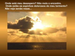 Onde está meu desespero? Não mais o encontro. Onde estão os espinhos dolorosos do meu tormento? Não vejo senão rosas... 