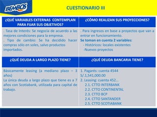 CUESTIONARIO III
¿QUÉ VARIABLES EXTERNAS CONTEMPLAN
PARA FIJAR SUS OBJETIVOS?
¿CÓMO REALIZAN SUS PROYECCIONES?
. Tasa de Interés: Se negocia de acuerdo a las
mejores condiciones para la empresa.
. Tipo de cambio: Se ha decidido hacer
compras sólo en soles, salvo productos
importados.
. Para ingresos en base a proyectos que van a
entrar en funcionamiento.
Se toman en cuenta 2 variables:
- Históricos: locales existentes
-Nuevos proyectos
¿QUÉ DEUDA A LARGO PLAZO TIENE? ¿QUÉ DEUDA BANCARIA TIENE?
Básicamente leasing (a mediano plazo – 3
años)
La única deuda a largo plazo que tiene es a 7
años con Scotiabank, utilizada para capital de
trabajo.
1. Pagarés: cuenta 4544
S/.1,541,000.00
2. Leasing: cuenta 452…
2.1. CTTO INTERBANK
2.2. CTTO CONTINENTAL
2.3. CTTO BCP
2.4. CTTO SANTANDER
2.5. CTTO SCOTIABANK
 