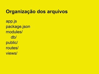 Organização dos arquivos
app.js
package.json
modules/
db/
public/
routes/
views/
 