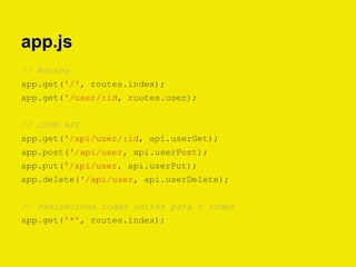 app.js
// Routes
app.get('/', routes.index);
app.get('/user/:id, routes.user);
// JSON API
app.get('/api/user/:id, api.userGet);
app.post('/api/user, api.userPost);
app.put('/api/user, api.userPut);
app.delete('/api/user, api.userDelete);
// redireciona todas outras para o index
app.get('*', routes.index);
 