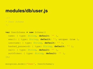 modules/db/user.js
/**
* User Schema
*/
var UserSchema = new Schema({
name: { type: String, default: '' },
email: { type: String, default: '', unique: true },
username: { type: String, default: '' },
hashed_password: { type: String, default: '' },
salt: { type: String, default: '' },
authToken: { type: String, default: '' },
});
mongoose.model('User', UserSchema);
 