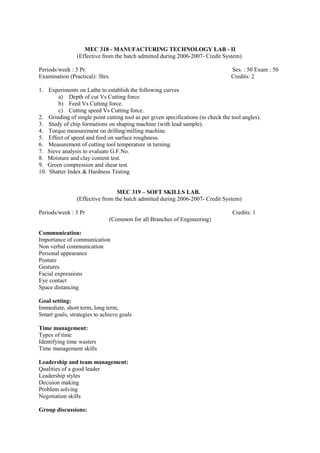 MEC 318 - MANUFACTURING TECHNOLOGY LAB - II
(Effective from the batch admitted during 2006-2007- Credit System)
Periods/week : 3 Pr. Ses. : 50 Exam : 50
Examination (Practical): 3hrs. Credits: 2
1. Experiments on Lathe to establish the following curves
a) Depth of cut Vs Cutting force.
b) Feed Vs Cutting force.
c) Cutting speed Vs Cutting force.
2. Grinding of single point cutting tool as per given specifications (to check the tool angles).
3. Study of chip formations on shaping machine (with lead sample).
4. Torque measurement on drilling/milling machine.
5. Effect of speed and feed on surface roughness.
6. Measurement of cutting tool temperature in turning.
7. Sieve analysis to evaluate G.F.No.
8. Moisture and clay content test.
9. Green compression and shear test.
10. Shatter Index & Hardness Testing
MEC 319 – SOFT SKILLS LAB.
(Effective from the batch admitted during 2006-2007- Credit System)
Periods/week : 3 Pr Credits: 1
(Common for all Branches of Engineering)
Communication:
Importance of communication
Non verbal communication
Personal appearance
Posture
Gestures
Facial expressions
Eye contact
Space distancing
Goal setting:
Immediate, short term, long term,
Smart goals, strategies to achieve goals
Time management:
Types of time
Identifying time wasters
Time management skills
Leadership and team management:
Qualities of a good leader
Leadership styles
Decision making
Problem solving
Negotiation skills
Group discussions:
 