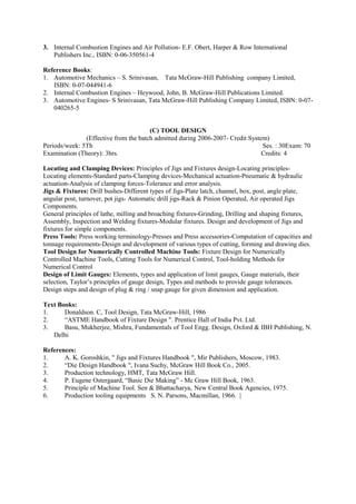 3. Internal Combustion Engines and Air Pollution- E.F. Obert, Harper & Row International
Publishers Inc., ISBN: 0-06-350561-4
Reference Books:
1. Automotive Mechanics – S. Srinivasan, Tata McGraw-Hill Publishing company Limited,
ISBN: 0-07-044941-6
2. Internal Combustion Engines – Heywood, John, B. McGraw-Hill Publications Limited.
3. Automotive Engines- S Srinivasan, Tata McGraw-Hill Publishing Company Limited, ISBN: 0-07-
040265-5
(C) TOOL DESIGN
(Effective from the batch admitted during 2006-2007- Credit System)
Periods/week: 5Th Ses. : 30Exam: 70
Examination (Theory): 3hrs. Credits: 4
Locating and Clamping Devices: Principles of Jigs and Fixtures design-Locating principles-
Locating elements-Standard parts-Clamping devices-Mechanical actuation-Pneumatic & hydraulic
actuation-Analysis of clamping forces-Tolerance and error analysis.
Jigs & Fixtures: Drill bushes-Different types of Jigs-Plate latch, channel, box, post, angle plate,
angular post, turnover, pot jigs- Automatic drill jigs-Rack & Pinion Operated, Air operated Jigs
Components.
General principles of lathe, milling and broaching fixtures-Grinding, Drilling and shaping fixtures,
Assembly, Inspection and Welding fixtures-Modular fixtures. Design and development of Jigs and
fixtures for simple components.
Press Tools: Press working terminology-Presses and Press accessories-Computation of capacities and
tonnage requirements-Design and development of various types of cutting, forming and drawing dies.
Tool Design for Numerically Controlled Machine Tools: Fixture Design for Numerically
Controlled Machine Tools, Cutting Tools for Numerical Control, Tool-holding Methods for
Numerical Control
Design of Limit Gauges: Elements, types and application of limit gauges, Gauge materials, their
selection, Taylor’s principles of gauge design, Types and methods to provide gauge tolerances.
Design steps and design of plug & ring / snap gauge for given dimension and application.
Text Books:
1. Donaldson. C, Tool Design, Tata McGraw-Hill, 1986
2. “ASTME Handbook of Fixture Design ". Prentice Hall of India Pvt. Ltd.
3. Basu, Mukherjee, Mishra, Fundamentals of Tool Engg. Design, Oxford & IBH Publishing, N.
Delhi
References:
1. A. K. Goroshkin, " Jigs and Fixtures Handbook ", Mir Publishers, Moscow, 1983.
2. “Die Design Handbook ", Ivana Suchy, McGraw Hill Book Co., 2005.
3. Production technology, HMT, Tata McGraw Hill.
4. P. Eugene Ostergaard, “Basic Die Making” - Mc Graw Hill Book, 1963.
5. Principle of Machine Tool. Sen & Bhattacharya, New Central Book Agencies, 1975.
6. Production tooling equipments S. N. Parsons, Macmillan, 1966. |
 