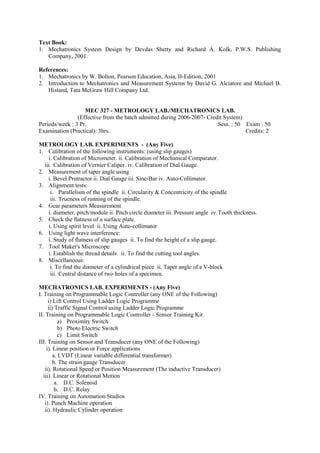 Text Book:
1. Mechatronics System Design by Devdas Shetty and Richard A. Kolk, P.W.S. Publishing
Company, 2001.
References:
1. Mechatronics by W. Bolton, Pearson Education, Asia, II-Edition, 2001
2. Introduction to Mechatronics and Measurement Systems by David G. Alciatore and Michael B.
Histand, Tata McGraw Hill Company Ltd.
MEC 327 - METROLOGY LAB./MECHATRONICS LAB.
(Effective from the batch admitted during 2006-2007- Credit System)
Periods/week : 3 Pr. Sess. : 50 Exam : 50
Examination (Practical): 3hrs. Credits: 2
METROLOGY LAB. EXPERIMENTS - (Any Five)
1. Calibration of the following instruments: (using slip gauges)
i. Calibration of Micrometer. ii. Calibration of Mechanical Comparator.
iii. Calibration of Vernier Caliper. iv. Calibration of Dial Gauge.
2. Measurement of taper angle using
i. Bevel Protractor ii. Dial Gauge iii. Sine-Bar iv. Auto-Collimator.
3. Alignment tests:
i. Parallelism of the spindle ii. Circularity & Concentricity of the spindle
iii. Trueness of running of the spindle.
4. Gear parameters Measurement
i. diameter, pitch/module ii. Pitch circle diameter iii. Pressure angle iv.Tooth thickness.
5. Check the flatness of a surface plate.
i. Using spirit level ii. Using Auto-collimator
6. Using light wave interference:
i. Study of flatness of slip gauges ii. To find the height of a slip gauge.
7. Tool Maker's Microscope:
i. Establish the thread details ii. To find the cutting tool angles.
8. Miscellaneous:
i. To find the diameter of a cylindrical piece ii. Taper angle of a V-block
iii. Central distance of two holes of a specimen.
MECHATRONICS LAB. EXPERIMENTS - (Any Five)
I. Training on Programmable Logic Controller (any ONE of the Following)
i) Lift Control Using Ladder Logic Programme
ii) Traffic Signal Control using Ladder Logic Programme
II. Training on Programmable Logic Controller - Sensor Training Kit
a) Proximity Switch
b) Photo Electric Switch
c) Limit Switch
III. Training on Sensor and Transducer (any ONE of the Following)
i). Linear position or Force applications
a. LVDT (Linear variable differential transformer)
b. The strain gauge Transducer
ii). Rotational Speed or Position Measurement (The inductive Transducer)
iii). Linear or Rotational Motion
a. D.C. Solenoid
b. D.C. Relay
IV. Training on Automation Studios
i). Punch Machine operation
ii). Hydraulic Cylinder operation
 
