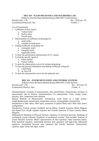 MEC 418 – FLUID MECHANICS AND MACHINERY LAB
(Effective from the batch admitted during 2006-2007- Credit System)
Periods/week : 3 Pr. Ses. : 50 Exam : 50
Examination (Practical): 3hrs. Credits: 2
List of Experiments:
1. Calibration of flow meters,
a. Venturi meter
b. Orifice meter
c. Nozzle meter
2. Determination of coefficient of discharge for
a. small orifice
b. cylindrical mouth piece
3. Finding coefficient of discharge for
a. rectangular notch
b. triangular notch
c. trapezoidal notch
4. To draw the performance characteristics of C.F. pump.
5. To find the specific speed of
a. Pelton turbine
b. Francis turbine
6. To draw the characteristic curves for reciprocating pump.
7. To draw the pressure distribution and finding coefficient of drag for
a. a bluff body
b. an Aero foil
8. To draw the characteristic curves for the hydraulic ram.
MEC 421 – INSTRUMENTATION AND CONTROL SYSTEMS
(Effective from the batch admitted during 2006-2007- Credit System)
Periods/week: 5 Th. Ses. : 30 Exam :70
Examination (Theory): 3hrs. Credits : 4
Instrumentations: Concepts of measurements, static performance, characteristics accuracy of
measurement and its analysis. Instrumentation, for measurement: Force, torque, strain.
pressure, flow, temperature and vibration.
Optical Methods of Measurement: Introduction, Laser beam as a light pointer,
length/displacement measurement, temperature sensors, seismographic measurement.
Introduction to fiber optics, fiber types, properties of optical fibres and a fibre optic sensor
configuration.
Introduction: Control systems, Feedback and its effects. Transfer Function, Block Diagram
and Signal Flow Graph: Impulse response and Transfer functions of linear systems, Block
diagrams.
Mathematical Modeling of Physical Systems: Equations of electrical networks, Modeling of
mechanical system elements, Equations of mechanical systems. State-variable Analysis of
Linear Dynamic Systems: Matrix representation of state equations, State transition matrix,
State transition equation, relationship between state equations and high-order differential
equations, relationship between state equations and transfer functions, Characteristic
equation, eigen values and eigen vectors.
 