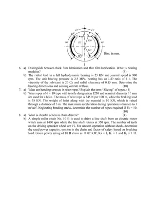 Dim. in mm.
6. a) Distinguish between thick film lubrication and thin film lubrication. What is bearing
modulus? (4)
b) The radial load in a full hydrodynamic bearing is 25 KN and journal speed is 900
rpm. The unit bearing pressure is 2.5 MPa, bearing has an L/D ratio of 1:1. The
viscosity of the lubricant is 20 Cp and radial clearance of 0.15 mm. Determine the
bearing dimensions and cooling oil rate of flow. (10)
7. a) What are bending stresses in wire ropes? Explain the term “Slicing” of ropes. (4)
b) Wire ropes of 6 × 19 type with tensile designation 1230 and nominal diameter 10 mm
are used for a hoist. The mass of wire rope is 345 N per 100 m, while the braking load
is 38 KN. The weight of hoist along with the material is 10 KN, which is raised
through a distance of 3 m. The maximum acceleration during operation is limited to 1
m/sec2
. Neglecting bending stress, determine the number of ropes required if Fs = 10.
(10)
8. a) What is chordal action in chain drivers? (4)
b) A simple roller chain No. 10 B is used to drive a line shaft from an electric motor
which runs at 1400 rpm while the line shaft rotates at 350 rpm. The number of teeth
on the driving sprocket wheel are 19. For smooth operation without shock, determine
the rated power capacity, tension in the chain and factor of safety based on breaking
load. Given power rating of 10 B chain as 11.07 KW, Ks = 1, K1 = 1 and K2 = 1.11.
90o
45o
45o
90o
125
150
177
PP
 
