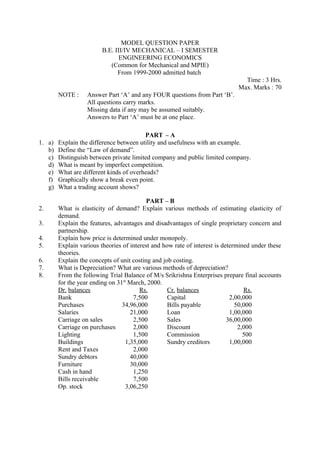 MODEL QUESTION PAPER
B.E. III/IV MECHANICAL – I SEMESTER
ENGINEERING ECONOMICS
(Common for Mechanical and MPIE)
From 1999-2000 admitted batch
Time : 3 Hrs.
Max. Marks : 70
NOTE : Answer Part ‘A’ and any FOUR questions from Part ‘B’.
All questions carry marks.
Missing data if any may be assumed suitably.
Answers to Part ‘A’ must be at one place.
PART – A
1. a) Explain the difference between utility and usefulness with an example.
b) Define the “Law of demand”.
c) Distinguish between private limited company and public limited company.
d) What is meant by imperfect competition.
e) What are different kinds of overheads?
f) Graphically show a break even point.
g) What a trading account shows?
PART – B
2. What is elasticity of demand? Explain various methods of estimating elasticity of
demand.
3. Explain the features, advantages and disadvantages of single proprietary concern and
partnership.
4. Explain how price is determined under monopoly.
5. Explain various theories of interest and how rate of interest is determined under these
theories.
6. Explain the concepts of unit costing and job costing.
7. What is Depreciation? What are various methods of depreciation?
8. From the following Trial Balance of M/s Srikrishna Enterprises prepare final accounts
for the year ending on 31st
March, 2000.
Dr. balances Rs. Cr. balances Rs.
Bank 7,500 Capital 2,00,000
Purchases 34,96,000 Bills payable 50,000
Salaries 21,000 Loan 1,00,000
Carriage on sales 2,500 Sales 36,00,000
Carriage on purchases 2,000 Discount 2,000
Lighting 1,500 Commission 500
Buildings 1,35,000 Sundry creditors 1,00,000
Rent and Taxes 2,000
Sundry debtors 40,000
Furniture 30,000
Cash in hand 1,250
Bills receivable 7,500
Op. stock 3,06,250
 