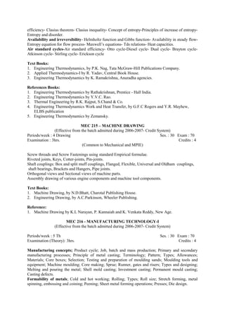 efficiency- Clasius theorem- Clasius inequality- Concept of entropy-Principles of increase of entropy-
Entropy and disorder.
Availability and irreversibility- Helmholtz function and Gibbs function- Availability in steady flow-
Entropy equation for flow process- Maxwell’s equations- Tds relations- Heat capacities.
Air standard cycles-Air standard efficiency- Otto cycle-Diesel cycle- Dual cycle- Brayton cycle-
Atkinson cycle- Stirling cycle- Erickson cycle
Text Books:
1. Engineering Thermodynamics, by P.K. Nag, Tata McGraw-Hill Publications Company.
2. Applied Thermodynamics-I by R. Yadav, Central Book House.
3. Engineering Thermodynamics by K. Ramakrishna, Anuradha agencies.
References Books:
1. Engineering Thermodynamics by Rathakrishnan, Prentice - Hall India.
2. Engineering Thermodynamics by Y.V.C. Rao.
3. Thermal Engineering by R.K. Rajput, S.Chand & Co.
4. Engineering Thermodynamics Work and Heat Transfer, by G.F.C Rogers and Y.R. Mayhew,
ELBS publication
5. Engineering Thermodynamics by Zemansky.
MEC 215 – MACHINE DRAWING
(Effective from the batch admitted during 2006-2007- Credit System)
Periods/week : 4 Drawing Ses. : 30 Exam : 70
Examination : 3hrs. Credits : 4
(Common to Mechanical and MPIE)
Screw threads and Screw Fastenings using standard Empirical formulae.
Riveted joints, Keys, Cotter-joints, Pin-joints.
Shaft couplings: Box and split muff couplings, Flanged, Flexible, Universal and Oldham couplings,
shaft bearings, Brackets and Hangers, Pipe joints.
Orthogonal views and Sectional views of machine parts.
Assembly drawing of various engine components and machine tool components.
Text Books:
1. Machine Drawing, by N.D.Bhatt, Charotal Publishing House.
2. Engineering Drawing, by A.C.Parkinson, Wheeler Publishing.
Reference:
1. Machine Drawing by K.L Narayan, P. Kannaiah and K. Venkata Reddy, New Age.
MEC 216 - MANUFACTURING TECHNOLOGY-I
(Effective from the batch admitted during 2006-2007- Credit System)
Periods/week : 5 Th Ses. : 30 Exam : 70
Examination (Theory): 3hrs. Credits : 4
Manufacturing concepts; Product cycle; Job, batch and mass production; Primary and secondary
manufacturing processes; Principle of metal casting; Terminology; Pattern; Types; Allowances;
Materials; Core boxes; Selection; Testing and preparation of moulding sands; Moulding tools and
equipment; Machine moulding; Core making; Sprue; Runner, gates and risers; Types and designing;
Melting and pouring the metal; Shell mold casting; Investment casting; Permanent mould casting;
Casting defects.
Formability of metals; Cold and hot working; Rolling; Types; Roll size; Stretch forming, metal
spinning, embossing and coining; Peening; Sheet metal forming operations; Presses; Die design.
 