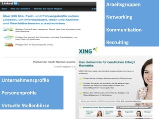 19	
  
Unternehmensproﬁle	
  
	
  
Personenproﬁle	
  
	
  
Virtuelle	
  Stellenbörse	
  
Arbeitsgruppen	
  
	
  
Networking	
  
	
  
Kommunika@on	
  
	
  
Recrui@ng	
  
 