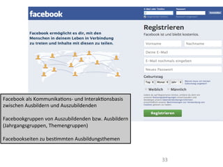 33	
  
Facebook	
  als	
  KommunikaIons-­‐	
  und	
  InterakIonsbasis	
  
zwischen	
  Ausbildern	
  und	
  Auszubildenden	
  
	
  
Facebookgruppen	
  von	
  Auszubildenden	
  bzw.	
  Ausbildern	
  
(Jahrgangsgruppen,	
  Themengruppen)	
  
	
  
Facebookseiten	
  zu	
  besImmten	
  Ausbildungsthemen	
  
 