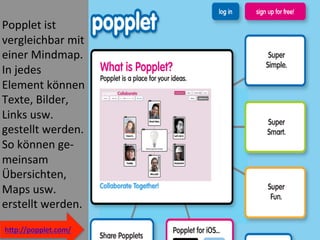  
Popplet	
  ist	
  
vergleichbar	
  mit	
  
einer	
  Mindmap.	
  
In	
  jedes	
  
Element	
  können	
  
Texte,	
  Bilder,	
  
Links	
  usw.	
  
gestellt	
  werden.	
  
So	
  können	
  ge-­‐
meinsam	
  
Übersichten,	
  
Maps	
  usw.	
  
erstellt	
  werden.	
  
	
  
	
  
	
  
hWp://popplet.com/	
  
 
