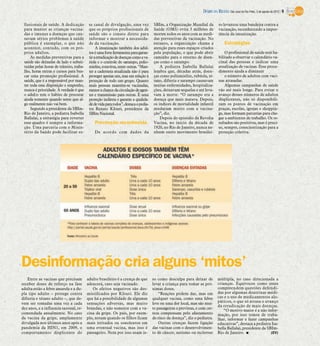 DIÁRIO DA REGIÃO São José do Rio Preto, 5 de agosto de 2012 / 9

 fissionais de saúde. A dedicação          se canal de divulgação, uma vez            SBIm, a Organização Mundial da             ro levantou uma bandeira contra a
 para manter as crianças vacina-           que os próprios profissionais de           Saúde (OMS) evita 3 milhões de             vacinação, reconhecendo a impor-
 das e imunes a doenças que cau-           saúde são o conato direto para             mortes todos os anos com as medi-          tância da imunização.
 savam sérios problemas à saúde            informar e mostrar a necessida-            das preventivas da vacinação. No
 pública é exemplar, o que não             de da vacinação.                           entanto, a organização chama a                  Estratégias
 acontece, contudo, com os pró-                 A imunização também dos adul-         atenção para esses espaços criados
 prios adultos.                            tos é uma forte ferramenta para garan-     pela população, o que pode abrir               O profissional de saúde está ha-
     As medidas preventivas para a         tir a erradicação de doenças como a va-    caminho para o retorno de doen-            bilitado a observar o calendário va-
 saúde são deixadas de lado e substi-      ríola e o controle do sarampo, polio-      ças como o sarampo.                        cinal das pessoas e indicar uma
 tuídas pelas horas de trânsito, traba-    mielite, rotavírus, entre outras. “Man-        A pediatra Isabella Ballalai           atualização de vacinas. Esse proce-
 lho, horas extras e cursos para bus-      ter a caderneta atualizada não é para      lembra que, décadas atrás, doen-           dimento ajuda a diminuir
 car uma promoção profissional. A          proteger apenas um, mas em relação à       ças como poliomielite, rubéola, té-            o número de adultos com vaci-
 saúde, que é a responsável por man-       proteção de todo um grupo. Quanto          tano, difteria e sarampo causavam          nas atrasadas.
 ter toda essa disposição e empenho,       mais pessoas mantêm-se vacinadas,          muitas enfermidades, hospitaliza-              Algumas campanhas de saúde
 nunca é prioridade. A verdade é que       menor a chance da circulação de agen-      ções, deixavam sequelas e até leva-        vão até mais longe. Para evitar o
 o adulto tem o hábito de procurar         tes e transmissão para outras. É uma       vam à morte. “O sarampo era a              avanço desses números de adultos
 ajuda somente quando sente que al-        proteção indireta e garante a qualida-     doença que mais matava. Depois,            displicentes, não só disponibili-
 go realmente não vai bem.                 de de vida para todos”, destaca o pedia-   os índices de mortalidade infantil         zam os pontos de vacinação em
     Segundo a presidente da SBIm-         tra Renato Kfouri, presidente da           mudaram muito com a vacina-                praças, escolas, igrejas e shoppin-
 Rio de Janeiro, a pediatra Isabella       SBIm-Nacional.                             ção”, diz.                                 gs, mas formam parcerias para che-
 Ballalai, a estratégia para reverter                                                     Depois do episódio da Revolta          gar a ambientes de trabalho. Os re-
 esse quadro é sempre a informa-              Prevenção reconhecida                   Vacina, no início da década de             sultados são positivos, mas é preci-
 ção. Uma parceria com o Minis-                                                       1920, no Rio de Janeiro, nunca ne-         so, sempre, conscientização para a
 tério da Saúde pode facilitar es-            De acordo com dados da                  nhum outro movimento brasilei-             proteção coletiva.




Desinformação cria alguns ‘mitos’
    Entre as vacinas que precisam         adulto brasileiro é a crença de que         so como desculpa para deixar de            múltipla, no caso direcionada a
receber doses de reforço na fase          adoecerá, caso seja vacinado.               levar a criança para tomar as pró-         crianças. Equívocos como esses
adulta estão a febre amarela e a du-         Os efeitos negativos são des-            ximas doses.                               compreendem questões defendi-
pla tipo adulto – protege contra          mistificados por Kfouri. Ele diz                “Reações podem dar, mas em             das por algumas doutrinas médi-
difteria e tétano adulto –, que de-       que há a possibilidade de algumas           qualquer vacina, como uma febre            cas e o uso de medicamentos alo-
vem ser tomadas uma vez a cada            sensações adversas, mas muito               leve ou uma dor local, mas são mui-        páticos, o que só atrasa o avanço
                                                                                                                                 da erradicação de mais doenças.
dez anos, e a influenza sazonal, re-      brandas, e não somente com a va-            to passageiras e previstas, e com cer-        “O motivo maior é a não infor-
comendada anualmente. No caso             cina da gripe. Os pais, por exem-           teza compensam pelo afastamento            mação, por isso temos de traba-
da vacina da gripe, amplamente            plo, notam quando os filhos ficam           do risco da doença”, diz o pediatra.       lhar, informar e fazer campanhas
divulgada nos últimos anos após a         mais irritados ou sonolentos em                 Outras crenças fazem ligação           educativas”, destaca a pediatra Isa-
pandemia da HIN1, em 2009, o              uma eventual vacina, mas isso é             das vacinas com o desenvolvimen-           bella Ballalai, presidente da SBIm-
comportamento displicente do              passageiro. Nem por isso usam is-           to de câncer, autismo ou esclerose         Rio de Janeiro. I               (EV)
 