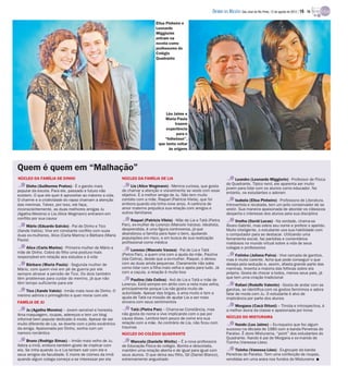 DIÁRIO DA REGIÃO São José do Rio Preto, 12 de agosto de 2012 / 19 - TV

                                                                               Elisa Pinheiro e
                                                                               Leonardo
                                                                               Miggiorim
                                                                               entram na
                                                                               novela como
                                                                               professores do
                                                                               Colégio
                                                                               Quadrante




                                                                                     Léo Jaime e
                                                                                    Maria Paula
                                                                                          trazem
                                                                                     experiência
                                                                                           para o
                                                                                    “folheteen”,
                                                                                 que tenta voltar
                                                                                      às origens



Quem é quem em “Malhação”
NÚCLEO DA FAMÍLIA DE DINHO                                  NÚCLEO DA FAMÍLIA DE LIA                                         Leandro (Leonardo Miggiorin) - Professor de Física
                                                                                                                         do Quadrante. Típico nerd, ele aparenta ser muito
     Dinho (Guilherme Prates) - É o garoto mais                  Lia (Alice Wegmann) - Menina curiosa, que gosta
                                                                                                                         jovem para lidar com os alunos como educador. No
popular da escola. Para ele, passado e futuro não           de chamar a atenção e visivelmente se veste com esse
                                                                                                                         entanto, os estudantes o adoram
existem. O que ele quer é aproveitar ao máximo a vida.      objetivo. É a melhor amiga de Ju. Não tem muito
O charme e a criatividade do rapaz chamam a atenção         contato com a mãe, Raquel (Patricia Vilela), que foi              Isabela (Elisa Pinheiro) - Professora de Literatura.
das meninas. Talvez, por isso, ele faça,                    embora quando ela tinha nove anos. A carência de             Introvertida e recatada, tem um jeito conservador de se
inconscientemente, as duas melhores amigas Ju               amor materno prejudica sua relação com amigos e              vestir. Sua maneira apaixonada de abordar os clássicos
(Agatha Moreira) e Lia (Alice Wegmann) entrarem em          outros familiares                                            desperta o interesse dos alunos pela sua disciplina
conflito por sua causa                                           Raquel (Patrícia Vilela) - Mãe de Lia e Tatá (Pietra         Orelha (David Lucas) - Na verdade, chama-se
    Mário (Eduardo Galvão) - Pai de Dinho e Tico            Pan), ex-mulher de Lorenzo (Marcelo Varzea). Idealista,      Álvaro Gabriel, mas odeia seu nome e prefere o apelido.
(Xande Valois). Vive em constante conflito com suas         desprendida, é uma figura controversa, já que                Muito inteligente, o estudante usa sua habilidade com
duas ex-mulheres, Alice (Carla Marins) e Bárbara (Maria     abandonou a família para fazer o bem, ajudando               o computador para se destacar. Utilizando uma
Paula)                                                      populações em risco, e em busca de sua realização            ferramenta social, faz paródias e comentários
                                                            profissional como médica                                     maldosos no mundo virtual sobre a vida de seus
    Alice (Carla Marins) - Primeira mulher de Mário e                                                                    colegas e professores
                                                                  Lorenzo (Marcelo Varzea) - Pai de Lia e Tatá
mãe de Dinho. Cobra do filho uma postura mais
                                                            (Pietra Pan), a quem cria com a ajuda da mãe, Paulina             Fatinha (Juliana Paiva) - Vive cercada de garotos,
responsável em relação aos estudos e à vida                 (Ida Celina), desde que a ex-mulher, Raquel, o deixou        mas é muito carente. Acha que pode conseguir o que
    Bárbara (Maria Paula) - Segunda mulher de               com as duas ainda pequenas. Claramente não sabe              deseja pela sedução e, assim, afasta grande parte das
Mário, com quem vive em pé de guerra por ele                como lidar com a filha mais velha e apela para tudo. Já      meninas. Inventa a maioria das fofocas sobre ela
sempre atrasar a pensão de Tico. Os dois também             com a caçula, a relação é muito boa                          própria. Gosta de chocar a todos, menos seus pais, já
têm problemas para cuidar do menino, já que não                                                                          que tem uma criação tradicional
                                                                 Paulina (Ida Celina) - Avó de Lia e Tatá e mãe de
têm tempo suficiente para ele                               Lorenzo. Está sempre em atrito com a neta mais velha,              Rafael (Rodolfo Valente) - Gosta de andar com as
                                                            principalmente porque Lia não gosta muito de                 garotas, se identifica com os gostos femininos e adora
    Tico (Xande Valois) - Irmão mais novo de Dinho. O
                                                            autoridade. Apesar das brigas, a ama muito e tem a           falar de moda com Ju. O estudante é alvo de
menino admira o primogênito e quer morar com ele
                                                            ajuda de Tatá na missão de ajudar Lia a ser mais             implicância por parte dos alunos
FAMÍLIA DE JU                                               sincera com seus sentimentos
                                                                                                                             Morgana (Cacá Ottoni) – Tímida e introspectiva, é
     Ju (Agatha Moreira) – Jovem sensível e honesta.             Tatá (Pietra Pan) – Chama-se Constância, mas            a melhor aluna da classe e apaixonada por livros
Ama maquiagem, roupas, adereços e tem um blog               não gosta do nome e vive implicando com o pai por
                                                            causa disso. Lembra bem pouco de como era sua                NÚCLEO DO MISTURAMA
informal bem popular dedicado à moda. Apesar de ser
muito diferente de Lia, se diverte com o jeito excêntrico   relação com a mãe. Ao contrário de Lia, não ficou com             Nando (Leo Jaime) – Ex-roqueiro que fez algum
da amiga. Apaixonada por Dinho, sonha com um                traumas                                                      sucesso na década de 1980 com a banda Penetras do
namoro romântico                                            NÚCLEO DO COLÉGIO QUADRANTE                                  Paraíso. É dono Misturama, “point” dos estudantes do
                                                                                                                         Quadrante. Nando é pai de Morgana e ex-marido de
     Bruno (Rodrigo Simas) – Irmão mais velho de Ju.             Marcela (Danielle Winits) – É a nova professora         Tizinha (Vanessa Lóes)
Adora a irmã, embora também goste de implicar com           de Educação Física do colégio. Bonita e descolada,
ela. Se irrita quando Ju e Lia tentam sair com ele e        mantém uma relação aberta e de igual para igual com              Tizinha (Vanessa Lóes) - Ex-groupie da banda
seus amigos da faculdade. E morre de ciúmes da irmã         seus alunos. O que deixa seu filho, Gil (Daniel Blanco),     Penetras do Paraíso. Tem uma confecção de roupas,
quando algum colega começa a se interessar por ela          extremamente angustiado                                      vendidas em uma arara nos fundos do Misturama I
 