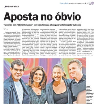 DIÁRIO DA REGIÃO São José do Rio Preto, 12 de agosto de 2012 / 21 - TV

   Ponto de Vista




Aposta no óbvio
“Encontro com Fátima Bernardes” convoca atores da Globo para tentar resgatar audiência
TV Press                            do à Olimpíada. Antes ele já so-   entrevistados no programa.         tria da atenção agora oferece               Bernardes – agora mais bonita
                                    fria com a concorrência dos de-        Mesmo que consiga mais al-     uma gama de opções que prati-               e “descontraída” com cachi-
    Para salvar o matinal “Encon-   senhos animados de “Bom Dia        guns pontinhos do ibope, “En-      camente pulverizou a audiên-                nhos nos cabelos – toca o pro-
tro com Fátima Bernardes” da        & Cia”, do SBT, situação que       contro” permanece acuado no        cia e fragmentou a família em               grama com simpatia e dignida-
vala comum da baixa audiência,      permanece inalterada.              horário da manhã. Seu princi-      interesses diversos. Se o impac-            de, mas sem carisma. No entan-
a Globo escalou atores, atrizes e       A solução foi sacada de uma    pal rival não é qualquer outro     to das novas mídias abalou o                to, nem a aventada mudança
apresentadores da casa como         pesquisa feita pela emissora       programa, mas o desinteresse       ibope do horário nobre, nas ma-             do diretor Fabricio Mamberti
atração do programa. Na semana      com os telespectadores, que        cada vez maior na tevê aberta.     nhãs ele foi ainda maior.                   por outros profissionais parece
passada, com as Olimpíadas                                                                                                                            ser capaz de alterar os rumos
                                    procurou saber o que eles gosta-   Durante mais de 30 anos, ela           Por isso, “Encontro” atira
transmitidas pela Record, a pro-                                                                                                                      do programa. A questão é saber
                                    riam de ver na produção. Daí a     reinou absoluta nos lares brasi-   para todos os lados, na esperan-
dução da jornalista capengou em                                                                                                                       o que fazer com a programação
parcos cinco pontos. Na estreia,    presença dos artistas. Entre ou-   leiros, após expulsar o rádio da   ça de arregimentar diferentes
                                    tros, estiveram por lá Maria       sala para a cozinha. Hoje ela      segmentos de telespectadores,               matinal da televisão, este lim-
chegou a marcar 10 pontos.                                                                                                                            bo habitado por sofás, apresen-
    Não é o único programa a        Paula, Ângela Vieira, Paulo Vi-    disputa a atenção de quem não      em especial, mulheres jovens e
                                                                                                                                                      tadoras e desenhos animados.
sofrer com os Jogos. O “TV Xu-      lhena, Ronaldo Fenômeno,           está na escola ou no trabalho      adultas. De certa forma, é uma
                                                                                                                                                      Na ponta do lápis, os enlatados
xa” também levou um olé du-         Carmo Dalla Vecchia, Laura         com games, downloads, cabos,       batalha perdida. Nada parece
                                                                                                                                                      do SBT levam a melhor. I
rante a transmissão de Brasil x     Cardoso e Totia Meirelles, en-     parabólicas, vídeos, celulares,    ser capaz de atrair tanta gente e
Honduras. O problema do “En-        tre muitos. Jornalistas, como      tablets, tocadores de música e     deter o avanço do mundo digi-               “Encontro com Fátima Bernardes” –
contro”, porém, não está atrela-    Marcelo Canelas, também são        bate-papos virtuais. A indús-      tal na vida das pessoas. Fátima             Segunda a sexta, às 10h40, na Globo

                                                                                                                                                                   Divulgação




                                                                                                                                                                                Juliano
                                                                                                                                                                                Cazarré,
                                                                                                                                                                                Fátima
                                                                                                                                                                                Bernandes,
                                                                                                                                                                                Fabiula
                                                                                                                                                                                Nascimento e
                                                                                                                                                                                Luciano Hulk:
                                                                                                                                                                                elenco global
                                                                                                                                                                                usado para
                                                                                                                                                                                tentar subir
                                                                                                                                                                                alguns
                                                                                                                                                                                degraus na
                                                                                                                                                                                audiências
 