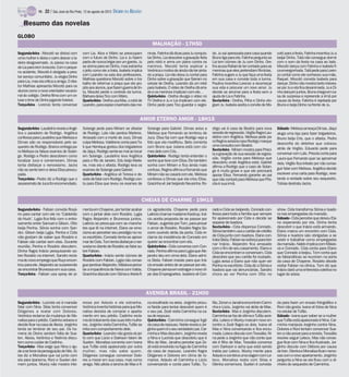 TV -   22 / São José do Rio Preto, 12 de agosto de 2012 DIÁRIO DA REGIÃO

    Resumo das novelas
GLOBO
                                                                                             MALHAÇÃO - 17H50
Segunda-feira - Mocotó se distrai com         com Lia. Alice e Mário se preocupam         ninas. Fatinha dá dicas para Ju conquis-   do. Ju sai apressada para casa quando       cotó para a festa. Fatinha incentiva Ju a
uma mulher e deixa o carro descer a la-       com o futuro de Dinho. Lia e Ju fazem       tar Dinho. Lia descobre a gravação feita   Bruno liga para ela. Fatinha pergunta se    beijar Dinho. Tatá não consegue dormir
deira desgovernado. Ju passa na casa          pacto de nunca brigar por um garoto. Ju     pelo robô e arma um plano contra os        Lia tem ciúmes de Ju com Dinho. Ore-        com o som da festa na casa ao lado.
de Lia para irem à escola. Com o peque-       se anima para ver Dinho, mas estranha       meninos. Mocotó tenta explicar a           lha acusa Rafael de ter contado para as     Mocotó dança com Fatinha e Isabela fi-
no acidente, Mocotó é obrigado a pres-        o jeito como ele a trata. Isabela implica   Verônica omotivode ainda nãoterpinta-      meninas que eles pretendiam filmá-las.      caenvergonhada. Tatá pede paraLoren-
tar serviço comunitário. Ju elogia Dinho      com Leandro na sala dos professores.        do a praça. Lia não deixa Ju contar para   Fatinha sugere a Ju que faça uma festa      zo contar como ele conheceu sua mãe,
                                              Mathias questiona Mocotó sobre o tra-       Dinho sobre a gravação que fizeram no      em sua casa e convide toda a turma.         Raquel. Mocotó convida Isabela para
para Lia, mas ela critica a amiga. O dire-    balho de reformar a praça que ele pro-      celular de Orelha. Leandro dá um robô      Paulina incentiva Lorenzo a recomeçar       dançar. Dinho não mostra tanto interes-
tor Mathias apresenta Mocotó para os          pôsaos alunos,quefazem guerrade tin-        para Isabela. O vídeo de Orelha dá erra-   sua vida e procurar um novo amor. Ju        se por Ju e ela fica desanimada. Ju e Di-
alunos como o novo orientador vocacio-        ta. Mocotó perde o controle da turma.       do e os meninos implicam com ele. .        decide se arrumar para a festa sem a        nhodançam juntos.Bruno chega em ca-
nal do colégio. Orelha filma com um ce-       Bárbara deixa Tico com Mário.               Quinta-feira - Orelha divulga o vídeo no   ajuda de Lia e Fatinha.                     sa de surpresa e repreende a irmã por
lular o time de Dinho jogando futebol.        Quarta-feira - Orelha usa Max, o robô de    TV Orelha e Ju e Lia implicam com ele.     Sexta-feira - Orelha, Pilha e Dinho elo-    causa da festa. Fatinha é rejeitada por
Terça-feira - Lorenzo tenta conversar         Leandro,para espiaro banheirodas me-        Dinho pede para Tico guardar o segre-      giam Ju. Isabela aceita o convite de Mo-    Bruno e beija Dinho na frente de Ju.


                                                                                     AMOR ETERNO AMOR - 18H15
Segunda-feira -Laudelino revela a Angé-       Solange pede para Miriam se afastar         Solange para Gabriel. Dimas avisa a        drigo vai à casa de Beatriz para nova       Sábado- Melissa ameaça Dimas. Jáqui
lica o paradeiro de Rodrigo. Angélica         de Rodrigo. Laís não perdoa Marlene.        Melissa que Fernando se lembrou de         sessão de regressão. Virgílio flagra Lau-   aluga uma loja para fazer brigadeiros.
confessa para Laudelino que Melissa e         Arrasado com a morte de Juca, Dimas         Juca. Elisa faz com que Rodrigo veja a     delino com Angélica. Melissa pede pa-       Bruno beija Cris, que o afasta. Pedro
Dimas são os responsáveis pelo se-            culpa Melissa. Valdirene conta para Ta-     foto que ela modificou. Beto comenta       ra Regina avisá-la caso Rodrigo marque
                                                                                                                                     uma consulta com Beatriz.                   desconfia do detetive que colocou
questro de Rodrigo. Branco entrega pa-        ti que Henrique gostou dos brigadeiros      com Bruno que Juliana está com ciú-                                                    atrás de Virgílio. Eduardo pede para
ra Melissa os falsos exames de Solan-         de Jáqui. Rodrigo sente-se mal ao tocar     mes dele com Cris. .                       Sexta-feira - Miriam mostra para Prisci-
                                                                                                                                     la a gravação de sua sessão de regres-      conversar com Laís. Priscila conta para
ge. Rodrigo e Pedro descobrem como            em Solange. Laudelino leva Angélica         Quinta-feira - Rodrigo tenta entender o
                                                                                                                                     são. Virgílio conta para Melissa que        Laura que Fernando quer se aproximar
localizar Juca e comemoram. Dimas             para o Rio de Janeiro. Edu beija Marle-     sonho que teve com Elisa. Ele também       descobriu onde Angélica está. Gabriel
tenta disfarçar o nervosismo. Jacira          ne, mas ela o afasta. Rodrigo leva os       sonha com Miriam e fica ainda mais                                                     dela. Virgílio fica irritado por não conse-
                                                                                                                                     afirma a Rodrigo que o caso de Solan-       guir falar com Melissa. Angélica decide
não se sente bem e deixa Elisa preocu-        exames de Solange para Gabriel.             confuso. Regina afirma a Fernando que      ge é muito grave e que ele precisará
pada.                                         Quarta-feira - Angélica vê Teresa e de-     Miriam não se casará com ele. Melissa      apoiar Elisa. Fernando garante ao pai       escrever uma carta para Rodrigo, reve-
Terça-feira - Pedro diz a Rodrigo que o       siste de falar com Rodrigo. Rodrigo con-    confessa a Dimas que ela criou Elisa.      que não contará para Melissa que Pris-      lando a verdade sobre seu sequestro.
assassinato de Juca foi encomendado.          ta para Elisa que levou os exames de        Gracinha vê Jair beijando Neusinha. Ro-    cila é sua irmã.                            Tobias destrata Jacira.



                                                                                         CHEIAS DE CHARME - 19H15
Segunda-feira - Fabian convida Rosá-          menta em Chayene, por tentar acabar         ca agradecida. Chayene pede para           rado e Cida se beijando. Conrado con-       show. Cida transforma Sônia e Isado-
rio para cantar com ele no ‘Caldeirão         com o jantar dele com Rosário. Lygia        Laércio chamar madame Kastrup. Iná-        fessa para toda a família que sempre        ra nas empregadas da mansão.
do Huck’. Lygia fica feliz com o entro-       flagra Alejandro e Brunessa juntos.         cio aceita proposta de se passar por       foi apaixonado por Cida e decide se         Sábado - Cida percebe que deixou Ela-
samento entre Samuel e Gilson. Otto           Laércio se preocupa com as manche-          Fabian, sugerida por Tom, para provar      separar de Isadora.                         no esperando por ela. Dinha tenta
beija Penha. Sônia sonha com San-             tes que lê na internet. Elano se emo-       o amor de Rosário. Rosário flagra So-      Sexta-feira - Cida dispensa Conrado.        descobrir o que Inácio está armando.
dro. Gilson beija Lygia. Penha e Cida         ciona ao perceber seu prestígio no no-      corro ouvindo atrás da porta. Cida re-     Sônia também usa o cartão de crédito        Elano marca um encontro com Cida.
não gostam de saber que Rosário e             vo escritório. Conrado tenta se aproxi-     clama da insistência de Conrado em         de Cida junto com Isadora. Elano con-       Sônia e Isadora são obrigadas a se
                                                                                                                                     trata Stela. Fabian se esforça para trei-   vestir e trabalhar como empregadas
Fabian vão cantar sem elas. Durante           mar de Cida. Tom tenta disfarçar o ner-     querer se encontrar com ela.
                                                                                                                                     nar Inácio. Alejandro fica arrasado         da mansão. Naldo implica com Máslo-
reunião, Penha e Rosário discutem.            vosismo diante de Rosário ao falar so-      Quinta-feira - Cida conversa com Con-      com o fim de seu casamento. Elano e         va e Conrado. Cida conta para Elano
Dinha flagra Inácio pesquisando so-           bre Fabian.                                 rado. Penha afirma para Lygia que Ale-     Cida se encontram e conversam. Cida         que Conrado a beijou. Tom conta que
bre Rosário na internet. Sandro recla-        Quarta-feira - Inácio sente ciúmes de       jandro deu em cima dela. Elano admi-       descobre que seu cartão foi roubado.        as fabianáticas se reuniram na porta
ma do novo emprego que Ruço encon-            Rosário com Fabian. Lygia não conse-        ra Stela. Fabian insiste para que Iná-     Lygia avisa a Elano que não quer ver        da casa de Chayene. Rosário decide
trou para ele. Alejandro se surpreende        gueperdoar Alejandro. Máslova perce-        cio ensaie antes de se passar por ele.     Penha no escritório. Cida diz a Sônia e     visitar Fabian na clínica. Tom diz que
ao encontrar Brunessa em sua casa.            be a impaciência de Neiva com Valda.        Chayenepensa em estragar o novocli-        Isadora que vai denunciá-las. Sandro        Inácio dará uma entrevista coletiva no
Terça-feira - Fabian usa spray de pi-         Gracinha discute com Sônia e Ariela fi-     pe das Empreguetes. Isadora vê Con-        chora ao ver Penha com Otto no              lugar do sósia.



                                                                                          AVENIDA BRASIL - 21H00
Segunda-feira - Lucinda vai à mansão          resse por Adauto e ele estranha.            ca encalhado na areia. Jorginho procu-     fão,Zenon e Janaína encontram Carmi-        da para fazer um ensaio fotográfico e
falar com Nina. Silas tenta convencer         Verônica inventa histórias para que Mo-     ra Neide para tentar descobrir quem é      nha e Lúcio. Jorginho vai atrás de Max.     Roni não gosta. Ivana vê fotos de Nina
Diógenes a reatar com Dolores.                nalisa desista de comprar o aparta-         o seu pai. Zezé visita Carminha na ca-     Sexta-feira - Max e Jorginho discutem.      no celular de Tufão.
Verônica reclama da mudança de Mo-            mento em seu prédio. Cadinho recla-         sa de repouso.                             Carminha se faz de vítima e Tufão acre-     Sábado - Ivana quer saber se a mulher
nalisa para o prédio. Cadinho adoece e        ma dotratamento das suastrêsmulhe-          Quinta-feira - Carminha consegue fugir     dita. Leleco e Muricy marcam novo en-       que Tufão está apaixonado é Nina. Car-
decide ficar na casa de Alexia. Jorginho      res. Jorginho visita Carminha, Tufão se     da casa de repouso. Neide revela a Jor-    contro e Zezé flagra os dois. Ivana vê      minha manipula Jorginho contra Nina.
tenta se lembrar de seu pai. Os ho-           irrita com comportamento dele.              ginhoquem é o seu verdadeiro pai. Car-     Max e Nina conversando e fica enciu-        Dolores e Roni tentam convencer Sue-
mens do Divino sentem falta de Sue-           Quarta-feira - Leandro não gosta do jei-    minha e Max discutem. Jorginho revela      mada. Leleco discute com Tessália. Ni-      len a não posar para a revista. Tessália
len. Alexia, Verônica e Noêmia discu-         to com que Lúcio e Darkson falam de         a Nina e Lucinda que descobriu que é       na pede a Jorginho que não conte que        resolve seguir Leleco. Max não conse-
tem como cuidar de Cadinho.                   Suelen. Monalisa comenta com Ivana          filho de Max. Janaína percebe que Ze-      ele é filho de Max. Tessália conversa       gue ficar com Nina e fica frustrado. Jor-
Terça-feira - Max exige que Nina o aju-       que Tufão está apaixonado por outra         zé está envolvida na fuga de Carminha      com Darkson e acha que está sendo           ginho discute com Débora por causa
de a se livrarda perseguição de Nilo. Si-     mulher, mas não sabe quem.                  da casa de repouso. Leandro flagra         traída por Leleco. Muricy mente para        de Iran. Olenkae Monalisa ficam nervo-
las diz a Monalisa que vai junto com          Diógenes consegue convencer Dolo-           Diógenes e Dolores em clima de ro-         Adauto e combina umaviagem com Le-          sas com o novo apartamento. Jorginho
ela para Ipanema. Roni e Suelen dor-          res a morar em sua casa, mas como           mance. Adauto vê Carminha e Lúcio          leco. Monalisa reata com Silas e            pergunta a Nina se ela ficou com o di-
mem juntos. Muricy não mostra inte-           amiga. Nilo pilota a lancha de Max e fi-    conversando e conta para Tufão. Tu-        Olenka comemora. Suelen é convida-          nheiro do sequestro de Carminha.
 