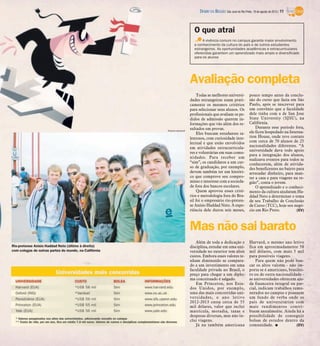 DIÁRIO DA REGIÃO São José do Rio Preto, 19 de agosto de 2012 / 11


                                                                           O que atrai
                                                                                A vivência comum no campus garante maior envolvimento
                                                                           e conhecimento da cultura do país e de outros estudantes
                                                                           estrangeiros. As oportunidades acadêmicas e extracurriculares
                                                                           oferecidas garantem um aprendizado mais amplo e diversificado
                                                                           para os alunos




                                                                         Avaliação completa
                                                                             Todas as melhores universi-            pouco tempo antes da conclu-
                                                                         dades estrangeiras usam prati-             são do curso que fazia em São
                                                                         camente os mesmos critérios                Paulo, após se inscrever para
                                                                         para selecionar seus alunos. Os            um convênio que a faculdade
                                                                         profissionais que avaliam os pe-           dele tinha com a de San Jose
                                                                         didos de admissão querem in-               State University (SJSU), na
                                                                         formações que vão além dos re-             Califórnia.
                                                                         sultados em provas.                            Durante esse período fora,
                                                       Arquivo pessoal
                                                                             Eles buscam estudantes ta-             ele ficou hospedado na Interna-
                                                                         lentosos, com curiosidade inte-            tion House, onde teve contato
                                                                         lectual e que estão envolvidos             com cerca de 70 alunos de 25
                                                                         em atividades extracurricula-              nacionalidades diferentes. “A
                                                                                                                    universidade dava todo apoio
                                                                         res e voluntárias em suas comu-
                                                                                                                    para a integração dos alunos,
                                                                         nidades. Para receber um
                                                                                                                    realizava eventos para todos se
                                                                         “sim”, os candidatos a um cur-             conhecerem, além de ativida-
                                                                         so de graduação, por exemplo,              des beneficentes no bairro para
                                                                         devem também ter um históri-               arrecadar dinheiro, para man-
                                                                         co que comprove seu compro-                ter a casa e para viagens na re-
                                                                         misso e interesse com a socieda-           gião”, conta o jovem.
                                                                         de fora dos bancos escolares.                  O aprendizado e o conheci-
                                                                             Quem aprovou esses crité-              mento da cultura ajudaram Ha-
                                                                         rios e metodologia fora do Bra-            ddad Neto a determinar o tema
                                                                         sil foi o empresário rio-preten-           de seu Trabalho de Conclusão
                                                                         se Anísio Haddad Neto. A expe-             de Curso (TCC), hoje seu negó-
                                                                         riência dele durou seis meses,             cio em Rio Preto.          (EV)



                                                                         Mas não sai barato
                                                                            Além de toda a dedicação e              Harvard, o mesmo ano letivo
Rio-pretense Anísio Haddad Neto (último à direita)                       disciplina, estudar em uma uni-            fica em aproximadamente 58
com colegas de outras partes do mundo, na Califórnia                     versidade no exterior tem altos            mil dólares, com mais 5 mil
                                                                         custos. Embora esses valores te-           para possíveis viagens.
                                                                         nham diminuído se compara-                     Para quem não pode ban-
                                                                         do a um investimento em uma                car os altos valores - não im-
                                                                         faculdade privada no Brasil, o             porta se é americano, brasilei-
                                                                         preço para chegar a um diplo-              ro ou de outra nacionalidade -
                                                                         ma conceituado é salgado.                  as universidades oferecem aju-
                                                                            Em Princeton, nos Esta-                 da financeira integral ou par-
                                                                         dos Unidos, por exemplo,                   cial, indicam trabalhos remu-
                                                                         uma das mais concorridas uni-              nerados no campus e possuem
                                                                         versidades, o ano letivo                   um fundo de verba onde os
                                                                         2012-2013 custa cerca de 55                pais de universitários com
                                                                         mil dólares, valor que inclui              mais rendimentos contri-
                                                                         matrícula, moradia, taxas e                buem anualmente. Ainda há a
                                                                         despesas diversas, mas não in-             possibilidade de conseguir
                                                                         clui viagens.                              bolsas de estudos dentro da
                                                                            Já na também americana                  comunidade. I             (EV)
 