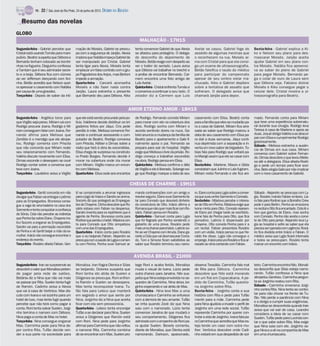 TV -   22 / São José do Rio Preto, 24 de junho de 2012 DIÁRIO DA REGIÃO

    Resumo das novelas
GLOBO
                                                                                              MALHAÇÃO - 17H15
Segunda-feira - Gabriel percebe que           mação de Moisés, Gabriel se preocu-          tenta convencer Gabriel de que Alexia        Avelar se casou. Gabriel foge do            Sexta-feira - Gabriel explica a Ki-
Cristal está usando Tomás para mani-          pa com a segurança de Janjão. Alexia         se afastou para protegê-lo. O delega-        assédio de algumas meninas que              ko e Nelson seu plano para des-
pulá-lo. Beatriz suspeita que Débora e        implora que Natália impeça Gabriel de        do desconfia do depoimento de                o reconhecem na rua. Moisés ar-             mascarar Moisés. Janjão aceita
Bernardo tenham colocado as bombi-            ser manipulado por Cristal. Gabriel          Moisés. Betão reage com despeito ao          ma com Cristal para que ela consi-          ajudar Gabriel em seu plano con-
nhas na fogueira. Dieguinho confessa          tenta ligar para Alexia. Moisés tenta        ver o trailer do seriado. Laura avisa        ga um exame de ultrassonografia.            tra Moisés. Natália fica apreensi-
a Tamtam que é seu admirador secre-           emplacar um falso contrato com o gru-        que Débora vai trabalhar no brechó e         Betão falsifica o laudo do médico           va ao saber do plano de Gabriel
to e a beija. Débora fica com ciúmes          po Pagodeiros dos Anjos, mas Bertoni         a proíbe de encontrar Bernardo. Car-         para participar do campeonato               para pegar Moisés. Bernardo pe-
ao ver Jefferson dançando com Ani-            impede a armação.                            mem encontra uma foto antiga de              apesar de seu ombro estar ma-               ga o colar de ouro de Laura sem
nha. Betão acredita que Nelson quei-          Quarta-feira - Carcará aconselha             Luís Avelar.                                 chucado. Kiko e Gabriel depõem              que Débora veja. Fabiano distrai
ra apressar o casamento com Natália           Moisés a não fazer nada contra               Quinta-feira - Cristal enfrenta Tomás e      sobre a tentativa de assalto que            Moisés e Kiko consegue pegar o
por causa de uma gravidez.                    Janjão. Laura estranha o presente            o convence a continuar a seu lado. O         sofreram. O delegado avisa que              celular dele. Cristal mostra a ul-
Terça-feira - Depois de saber da inti-        que Bernardo deu para Débora. Kiko           zelador diz a Carmem que Luís                chamará Janjão para depor.                  trassonografia para Beatriz.


                                                                                        AMOR ETERNO AMOR - 18H15
Segunda-feira - Angélica torce para           que ele está sendo procurado pela po-        de Rodrigo. Fernando convida Miriam          casamento com Elisa. Beatriz conta          mado. Fernando conta para Miriam
que Virgílio seja preso. Miriam vai com       lícia. Valdirene decide distribuir os bri-   para morar com ele na cobertura dos          para a família que eles se mudarãopa-       que teve uma experiência sobrenatu-
Rodrigo procurar Joana. Rodrigo e Mi-         gadeiros feitos por Jáqui. Cris pede         dois. Rodrigo sonha com Miriam e             ra a casa de Gabriel. Miriam fica arra-     ral durante sua cirurgia. Rodrigo leva
riam conseguem falar com Joana. Fer-          perdão à mãe. Melissa convence Fer-          acorda sentindo dores na nuca. Ga-           sada ao saber que Rodrigo marcou a          Teresa à casa de Marlene e apoia as
nando afirma para Melissa que                 nando a continuar acessando o com-           briel anuncia a mudança da família de        data de seu casamento com Elisa pa-         duas.Josué obriga Valéria a se descul-
Zenóbio é o mendigo que ele atrope-           putador de Beatriz. Rodrigo conversa         Beatriz para o apartamento e Gabi fi-        ra dali a duas semanas. Jáqui conti-        par com Elisa e cumprimentar Rodrigo
lou. Rodrigo comenta com Priscila             com Priscila, Kléber e Dimas sobre a         nalmente apoia o pai. Fernando se            nua deprimida com a separação e in-         graciosamente.
                                                                                                                                                                                    Sábado - Melissa estranha a ausên-
que não concorda que Miriam reate             visita que fará à obra às escondidas.        prepara para sair do hospital. Virgílio      ventaum novosabor de brigadeiro. To-        cia de Dimas em sua casa. Miriam
seu relacionamento com Fernando.              Elisa chega de surpresa na construto-        exige que Melissa o livre da prisão. Ro-     bias fala para Rodrigo que voltará pa-      conversa com Gabriel sobre Fernan-
Valéria discute novamente com Elisa.          ra Prado Borges. Fernando decide ir          drigo começa a trabalhar escondido           ra Marajó assim que ele se casar com        do.Dimas descobre o que levou Melis-
Dimas esconde o desespero ao ouvir            morar na cobertura onde iria morar           na obra. Rodrigo pensa em Elisa.             Elisa.                                      sa até a delegacia. Elisa afasta Rodri-
Rodrigo contar sobre a conversa que           com Miriam. Virgílio marca um encon-         Quinta-feira - Melissa confirma o álibi      Sexta-feira - Marlene, Mauro e Gilda        go e pede um tempo para ficar sozi-
teve com Joana.                               tro com Melissa.                             de Virgílio e ele é liberado. Solange exi-   constatam que Julinho e Laís fugiram.       nha. Beto elogia Gabi por não implicar
Terça-feira - Laudelino avisa a Virgílio      Quarta-feira - Elisa cede aos encantos       ge que Rodrigo marque a data de seu          Miriam visita Fernando e ele fica ani-      com o novo casamento de Gabriel.

                                                                                        CHEIAS DE CHARME - 19H15
Segunda-feira - Gentil concorda em não        til se compromete a arrumar ingressos        mando contravenções com um amigo e           ro.Elano conta para Lygia sobrea conver-    Sábado - Alejandro se preocupa com Ly-
divulgar que Fabian vai entregar o prêmio     para o jogo do Vasco e Sandro se anima.      resolvesegui-lo. Elanoouve Sarmentofa-       sa que ouviu entreSarmento e Conrado.       gia. Rosário manda Fabian embora. Lia-
para as Empreguetes. Brunessa conse-          Socorro diz que protegerá as Empregue-       lar para Conrado que desviará dinheiro       Sexta-feira - Máslova percebe o interes-    ra fala para Rodinei que a Borralho Crew
gue a vaga de arrumadeira na casa dos         tes de Chayene. Dinha descobre que Ro-       da construtora de Otto. Inácio afirma a      se de Otto em Penha. Máslova exige que      pode ir para Berlim. Penha se emociona
Sarmento e tenta conquistar a confiança       sário estava com Fabian na despensa.         Romana quenão quermaisficar com Ro-          Ivone minta para Otto. Conrado repreen-     no recital e Otto fica encantado. Cida lê o
de Sônia. Cida não percebe as indiretas       Sandro inventa para os repórteres que é      sário. Fabian pensa em Rosário.              de Elano por chegar tarde ao escritório.    livro que ganhou de Elano, mas sonha
                                              agente de Penha. Brunessa conta para         Quinta-feira - Samuel conta para Lygia       Ivone fala de Penha para Otto, que fica     com Conrado. Penha não aceita o convi-
que Penha faz sobre Elano. Chayene ins-
                                              Rodineiqueperdeuo bebê.Máslovacon-           que foi flagrado por Penha vendendo o        pensativo. Laércio é dispensado por         te de Otto para jantar. Alejandro leva Ly-
trui Socorro a enganar as Empreguetes.        ta para Conrado que Otto simpatizou          gabarito de uma prova. Rosário pede          Chayene. Otto convida Penha para ir a       gia ao hospital e sofre ao saber que ela
Sandro vai para a premiação escondido         com uma das Empreguetes.                     maisumachanceparaInácio.Laércioso-           um recital. Fabian presenteia Rosário       precisa ser operada com urgência. Rosá-
de Penha e vê Gentil beijar a mão da ex-      Quarta-feira - Inácio conta para Rosário     fre ao ver Chayene com Arruda. Elano ga-     com um violão. Inácio pensa no que He-      rio fica dividida entre Inácio e Fabian. O
mulher. Inácio não consegue encontrar o       que a viu beijando Fabian. Alejandro se      rante a Cida que vai desmascarar Conra-      raldo lhe disse. Lygia não consegue o       médico avisa que Lygia ficará internada
endereço do evento.                           preocupacomasaúde deLygia ecomen-            do. Tom e Simone ficam satisfeitos ao        emprego.Inácioprocura Rosárioefica ar-      e todos se preocupam. Rosário tenta
Terça-feira - Rosário afasta Fabian. Gen-     ta com Penha. Penha ouve Samuel ar-          saber que Rosário terminou seu namo-         rasado ao vê-la cantando com Fabian.        marcar um encontro com Inácio.


                                                                                           AVENIDA BRASIL - 21H00
Segunda-feira - Iran se surpreende ao         Monalisa. Iran flagra Olenka e Silas         tege Roni e acaba ferida. Monalisa           observa Tessália. Carminha fala mal         teiro. Carminha encontra Nilo. Monali-
descobriro valor que Monalisa preten-         se beijando. Dolores suspeita que            muda o visual de Ivana. Lúcio pede           de Rita para Débora. Carminha               sa desconfia que Silas esteja namo-
de pagar pela rede de salões.                 Roni tenha ido atrás de Suelen e             outra chance para Janaína. Nilo sus-         descobre que Nilo está morando              rando. Tufão confessa a Nina que
Betânia diz a Nina que não vai mais           Diógenes se preocupa. Roni enfren-           peita que Nina esteja envolvida no se-       em um flat em Copacabana. A pe-             atropelou Genésio. Carminha pergun-
se passar por Rita. Suelen tenta fugir        ta Ramón e Suelen se desespera.              questro de Carminha. Nina deixa Jor-         dido de Carminha, Tufão questio-            ta se Jorginho reatou com Rita.
de Ramón. Cadinho avisa a Alexia              Max tenta reconquistar Ivana. Tu-            ginho esperando e vai atrás de Max.          na Jorginho sobre Rita.                     Sábado - Carminha envenena Jorgi-
que vai à casa de Verônica. Max dis-          fão fala para Leleco que manterá             Quinta-feira - Nina leva Max a uma           Sexta-feira - Jorginho conta a sua          nho contra Rita. Nina tenta se contro-
cute com Ivana e vai sozinho para um          em segredo o amor que sente por              churrascaria e Carminha se enfurece          história com Rita e pede para Tufão         lar para não chorar na frente de Tu-
                                                                                                                                                                                    fão. Nilo perde a paciência com Nina
hotel de luxo, mas tenta fugir quando         Nina. Jorginho diz a Nina que aceita         com a demora de seu amante. Tufão            mentir para a mãe. Carminha pede
                                                                                                                                                                                    e a obriga a cumprir suas exigências.
percebe que não terá como pagar a             ficar com ela sem pressioná-la.              se irrita quando Zezé diz que Nina           para Nina ajudá-la a invadir o perfil de    Monalisa se descontrola quando Iran
conta. Roni tenta salvar Suelen. Jorgi-       Quarta-feira - Leleco tenta encorajar        saiu com o namorado. Lúcio tenta             Jorginho em uma rede social. Tufão          avisa que vai sair de casa. Leandro
nho termina o namoro com Débora.              Tufão a se declarar para Nina. Suelen        convencer Janaína de que mudará o            repreende Carminha por querer con-          considera a ideia de se casar com
Nina paga a conta de Max no hotel.            avisa a Diógenes que Ramón está              seu comportamento. Diógenes fica             trolar a vida de Jorginho. Ivana fala pa-   Suelen. Tufão pede para Lucinda con-
Terça-feira - Nina consegue enganar           com Roni. Nina pede para Jorginho            admirado com o empenho de Roni pa-           ra Carminha que acredita que Max es-        tar o que sabe sobre Rita. Max exige
Max. Carminha pede para Nina de-              afirmar para Carminha que não voltou         ra ajudar Suelen. Beverly comenta,           teja tendo um caso com outra mu-            que Nina saia com ele. Jorginho se-
por contra Rita. Tufão decide ven-            a namorar Rita. Carminha combina             diante de Monalisa, que Olenka está          lher. Verônica descobre onde Cadi-          gue Nina e a vê na companhia de Max
der a sua parte na sociedade para             de se encontrar com Max. Suelen pro-         namorando. Darkson, apaixonado,              nho estará em sua despedida de sol-         em uma churrascaria.
 