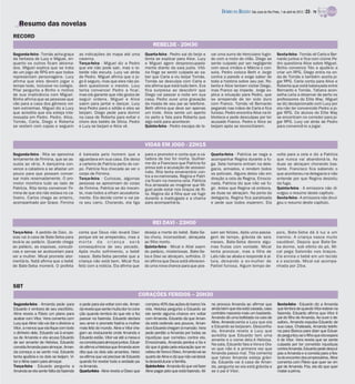 DIÁRIO DA REGIÃO São José do Rio Preto, 1 de abril de 2012 / 23 - TV

   Resumo das novelas
RECORD
                                                                                         REBELDE - 20H30
Segunda-feira - Tomás acha graça          as indicações do mapa até uma             Quarta-feira - Pedro sai do beijo e        var uma surra de Herculano fugin-            Sexta-feira - Tomás vê Carla e Ber-
da fantasia de Lucy e Miguel, en-         caverna.                                  tenta se explicar para Alice. Lucy         do com a moto do vilão. Diego se             nardo juntos e fica com ciúme.Pe-
quanto os outros ficam abisma-            Terça-feira - Miguel diz a Pedro          e Miguel agem despreocupada-               sente culpado por ser negligente             dro questiona Alice sobre Miguel.
dos. Miguel explica que se trata          que ele não pode sair, mas o re-          mente diante da saia justa. Vitó-          com seus irmãos e Márcia o con-              Binho convence Téo a ajudá-lo a
de um jogo de RPG em que todos            belde não escuta. Lucy vai atrás          ria finge se sentir culpada ao sa-         sola. Pedro coloca Beth e Jorge              criar um RPG. Diego entra na on-
representam personagens. Lucy             de Pedro. Miguel afirma que o jo-         ber que Carla a viu beijar Tomás.          contra a parede e exige saber de             da de Tomás e também aceita jo-
afirma que eles devem jogar o             go é seguro, mas que eles não po-         Tomás se desculpa com Carla e              toda a história sobre seu pai. Ro-           gar RPG. Carla conta para Alice e
tempo todo, inclusive no colégio.         dem questionar o mestre. Lucy             ela afirma que está tudo bem. Eva          berta e Alice tentam visitar Diego,          Roberta que está balançada entre
Pilar pergunta a Binho o motivo           tenta convencer Pedro a ficar,            fica surpresa ao descobrir que             mas Franco as impede. Jorge ex-              Bernardo e Tomás. Tatiana acon-
de sua implicância com Miguel.            mas ele garante que não gosta de          Diego vai passar a noite em sua            plica a situação para Pedro, que             selha Leila a observar de perto os
Binho afirma que as pessoas que           seguir ordens. Miguel e Alice             casa. Pedro ouve uma gravação              se arrepende de ter sido duro                professores do Elite Way. Miguel
vão para a casa dos gêmeos vol-           saem para jantar e dançar. Lucy           da risada de seu pai ao telefone.          com Franco. Tomás vê Bernardo                se diz decepcionado com Lucy por
tam estranhas. Miguel diz a Lucy          leva Pedro para o sótão e eles se         Beth afirma que deve ser apenas            pegando nas mãos de Carla e fica             ela não ter convencido Pedro a jo-
que acredita que ela esteja inte-         beijam. Diego pede para dormir            um trote. Alice sente um aperto            furioso. Pedro encontra Alice na bi-         gar RPG. Os alunos do Elite Way
ressada em Pedro. Pedro, Alice,           na casa de Roberta para evitar o          no peito e fala para Roberta que           blioteca e pede desculpas por ter            se encontram no corredor para jo-
Tomás, Carla, Diego e Roberta             choro dos bebês de Sílvia. Pedro          algo está para acontecer.                  acusado Franco. Pedro e Alice se             gar RPG. Lucy vai atrás de Pedro
se vestem com capas e seguem              e Lucy se beijam e Alice vê.              Quinta-feira - Pedro escapa de le-         beijam após se reconciliarem.                para convencê-lo a jogar.



                                                                                    VIDAS EM JOGO - 22H15
Segunda-feira - Rita se aproxima          é baleada pelo homem que a                para o promotor e conta que a ca-          Quarta-feira - Patrícia se nega a            volta para a cela e diz a Patrícia
lentamente de Firmina, que se as-         aguardava em sua casa. Ele deixa          tadora de lixo foi morta. Guilher-         acompanhar Regina durante a fu-              que nunca vai abandoná-la. As
susta ao vê-la. A dançarina con-          a carteira de Patrícia perto do cor-      me diz a Francisco que Patrícia foi        ga. Sete homens entram na dele-              duas se abraçam chorando bas-
vence a catadora a se afastar um          po. Patrícia fica chocada ao ver o        presa sob a acusação de assassi-           gacia, armados, e rendem todos               tante. Francisco fica sabendo o
pouco para que possam conver-             corpo de Firmina.                         nato. Rita tenta envenená-lo con-          os policiais. Alguns deles vão em            que aconteceu na delegacia e não
                                                                                    tra a ex-namorada. Regina e Patrí-
sar mais reservadamente. O pro-           Terça-feira - Curiosas, algumas                                                      direção a cela de Regina. Emocio-            entende por que Regina desistiu
                                                                                    cia ficam na mesma cela. Patrícia
motor monitora tudo ao lado de            pessoas se aproximam do corpo             fica arrasada ao imaginar que Mi-          nada, Patrícia diz que não vai fu-           da fuga.
Patrícia. Rita tenta convencer Fir-       de Firmina. Patrícia se diz inocen-       guel pode estar nos braços de Ri-          gir. Antes que Regina vá embora,             Quinta-feira - A emissora não di-
mina de que ela não estava no ca-         te, mas todos a olham acusatoria-         ta. Regina diz à filha que vai fugir       as duas se abraçam. Na porta da              vulgou o resumo deste capítulo.
tiveiro. Carlos chega ao enterro,         mente. Ela decide correr e vai pa-        durante a madrugada e a chama              delegacia, Regina fica paralisada            Sexta-feira - A emissora não divul-
acompanhado por Grace. Firmina            ra seu carro. Chorando, ela liga          para acompanhá-la.                         e pede que todos esperem. Ela                gou o resumo deste capítulo.



                                                                                        REI DAVI - 23H00
Terça-feira - A pedido de Davi, Jo-       conta que Deus não levará Davi            deseja a morte do bebê. Bate-Se-           sam ser felizes. Após uma passa-             pois, Bate-Seba dá à luz a um
sias vai à casa de Bate-Seba para         porque ele se arrependeu, mas a           ba chora, inconsolável, abraçada           gem de tempo, grávida de seis                menino. A criança nasce muito
levá-la ao palácio. Quando chega          morte da criança será                     ao filho morto.                            meses, Bate-Seba devora algu-                saudável. Depois que Bate-Se-
ao palácio, as esposas, concubi-          consequência de seu pecado.               Quinta-feira - Mical e Allat saem          mas frutas com vontade. Mical                ba dorme, sob efeito do pó, Mi-
nas e servas se acotovelam para           Após muito sofrimento, o bebê             do palácio, misteriosas. Bate-Se-          tenta provocar, mas a filha de               cal pega Salomão nos braços.
ver a mulher. Mical promete ator-         nasce. Bate-Seba percebe que a            ba e Davi se abraçam, sofridos. O          Laís não se abala e responde à al-           Ela enrola o bebê em um tecido
mentá-la. Natã afirma que o bebê          criança não está bem. Mical fica          rei afirma que Deus está oferecen-         tura, deixando a ex-mulher de                e o esconde. Mical sai acompa-
de Bate-Seba morrerá. O profeta           feliz com a notícia. Ela afirma que       do uma nova chance para que pos-           Paltiel furiosa. Algum tempo de-             nhada por Ziba.



SBT
                                                                               CORAÇÕES FERIDOS – 20H30
Segunda-feira - Amanda pede para          e pede para ela voltar com ele. Aman-     comprou40% das ações do banco Va-          ne provoca Amanda ao afirmar que             Sexta-feira - Eduardo diz a Amanda
Eduardo ir embora de seu escritório.      da revela que sente muita dor no cora-    rela. Heloisa pergunta a Eduardo se        ainda bem que ela está casada, caso          que lembra de quando Vitor esteve na
Aline revela a Flávio um plano para       ção quando lembra do que ele a fez        ele sente alguma chance em voltar          contrário nasceria mais um bastardo.         fazenda. Eduardo afirma que Vitor é
acabar com Vitor. Vera comenta com        passar na fazenda. Eduardo declara        com Amanda. Eduardo diz que Aman-          Amanda dá uma bofetada na cara de            pai do filho de Amanda. Ao ouvir o de-
Lucy que Aline não vai dar o divórcio a   seu amor e promete fazê-la a mulher       da está cedendo aos poucos. Aman-          Aline. Amanda conta a Lucy que ela           saforo, Amanda expulsa Eduardo de
Vitor, a menos que ela fique com todo     mais feliz do mundo. Aline e Vitor che-   da e Eduardo chegam à mansão. Vera         e Eduardo se beijaram. Desconfia-            sua casa. Chateada, Amanda telefo-
o dinheiro dele. Eduardo vai à empre-     gam ao restaurante onde Amanda e          pede perdão a Amanda por todas as          da, Amanda revela a Lucy que                 na para Bianca para dizer que Eduar-
                                                                                                                               acredita que Eduardo tem uma                 do perguntou se o filho que ela espera
sa de Amanda e ela acusa Eduardo          Eduardo estão. Vitor vai até a mesa e     injustiças que cometeu contra ela.
                                                                                                                               amante e o nome dela é Heloisa.              é de Vitor. Vera revela que se sente
de ser amante de Heloísa. Eduardo         osconvida para almoçar juntos. Eduar-     Emocionada, Amanda perdoa a tia e          Na sala, Eduardo fala a Vera e Ola-          culpada por ter cometido injustiças
convida Amanda para almoçar. Aman-        do afirma a Heloisa que Amanda acre-      diz que é grata pela educação que re-      vo que não é a primeira vez que              contra Amanda. Eduardo pede descul-
da começa a se sentir mal, Eduardo        dita que os dois são amantes. Heloi-      cebeu de Vera e Olavo. Amanda vai ao       Amanda passa mal. Tita comenta               pas a Amanda e a convida para a fes-
tenta ajudá-la e os dois se beijam. Vi-   sa afirma que vai precisar de Eduardo     quarto de Aline e diz que não vai deixá-   que talvez Amanda esteja grávi-              ta do encontro dos empresários. Aline
tor e Aline saem para almoçar.            quando for revelar toda a verdade pa-     la desestruturar a família.                da. Eduardo vai à casa de Aman-              comenta com Flávio que quer se vin-
Terça-feira - Eduardo pergunta a          ra Amanda.                                Quinta-feira - Amanda diz que vai fazer    da, pergunta se ela está grávida e           gar de Amanda. Fria, ela diz que quer
Amanda se ela sente falta da fazenda      Quarta-feira - Aline revela a Olavo que   Aline pagar pelo que está fazendo. Ali-    se o pai é Vitor.                            matar a prima.
 