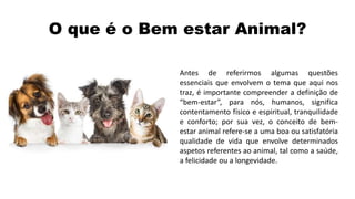 O que é o Bem estar Animal?
Antes de referirmos algumas questões
essenciais que envolvem o tema que aqui nos
traz, é importante compreender a definição de
“bem-estar”, para nós, humanos, significa
contentamento físico e espiritual, tranquilidade
e conforto; por sua vez, o conceito de bem-
estar animal refere-se a uma boa ou satisfatória
qualidade de vida que envolve determinados
aspetos referentes ao animal, tal como a saúde,
a felicidade ou a longevidade.
 