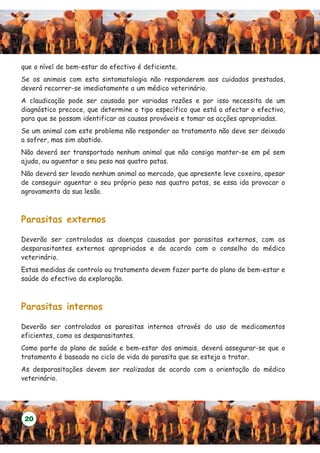 que o nível de bem-estar do efectivo é deficiente.
Se os animais com esta sintomatologia não responderem aos cuidados prestados,
deverá recorrer-se imediatamente a um médico veterinário.
A claudicação pode ser causada por variadas razões e por isso necessita de um
diagnóstico precoce, que determine o tipo específico que está a afectar o efectivo,
para que se possam identificar as causas prováveis e tomar as acções apropriadas.
Se um animal com este problema não responder ao tratamento não deve ser deixado
a sofrer, mas sim abatido.
Não deverá ser transportado nenhum animal que não consiga manter-se em pé sem
ajuda, ou aguentar o seu peso nas quatro patas.
Não deverá ser levado nenhum animal ao mercado, que apresente leve coxeira, apesar
de conseguir aguentar o seu próprio peso nas quatro patas, se essa ida provocar o
agravamento da sua lesão.



Parasitas externos

Deverão ser controladas as doenças causadas por parasitas externos, com os
desparasitantes externos apropriados e de acordo com o conselho do médico
veterinário.
Estas medidas de controlo ou tratamento devem fazer parte do plano de bem-estar e
saúde do efectivo da exploração.



Parasitas internos

Deverão ser controlados os parasitas internos através do uso de medicamentos
eficientes, como os desparasitantes.
Como parte do plano de saúde e bem-estar dos animais, deverá assegurar-se que o
tratamento é baseado no ciclo de vida do parasita que se esteja a tratar.
As desparasitações devem ser realizadas de acordo com a orientação do médico
veterinário.




 20
 